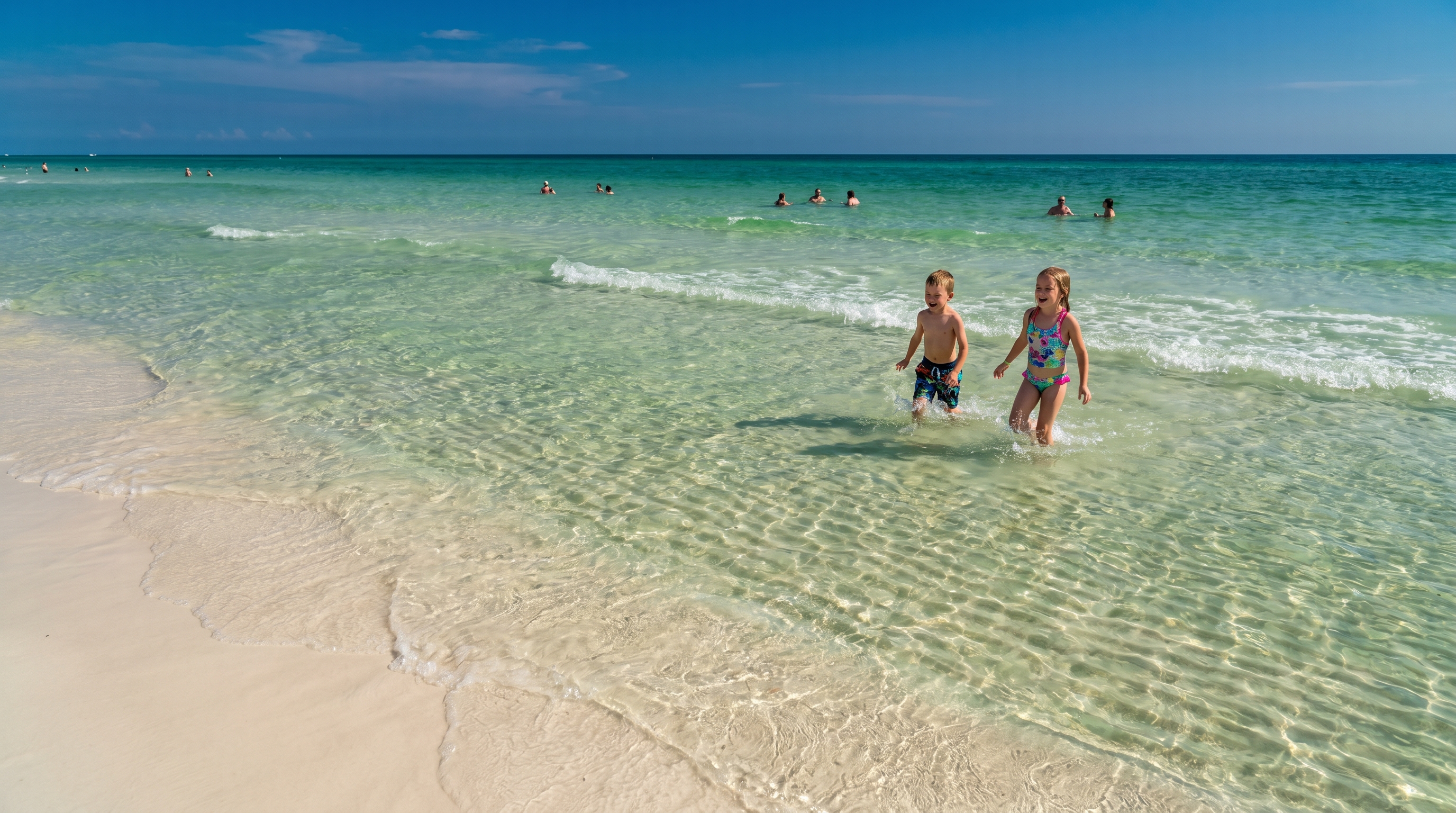 Crystal clear emerald green water and brilliant white sand at Destin's Gulf-front beach on a sunny summer afternoon