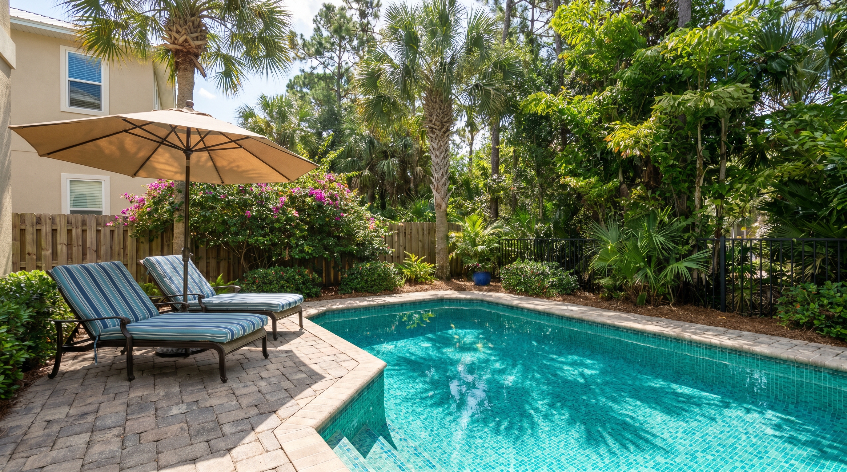 Bright Florida vacation rental home with sparkling blue private pool and lounge chairs on a sunny Miramar Beach afternoon