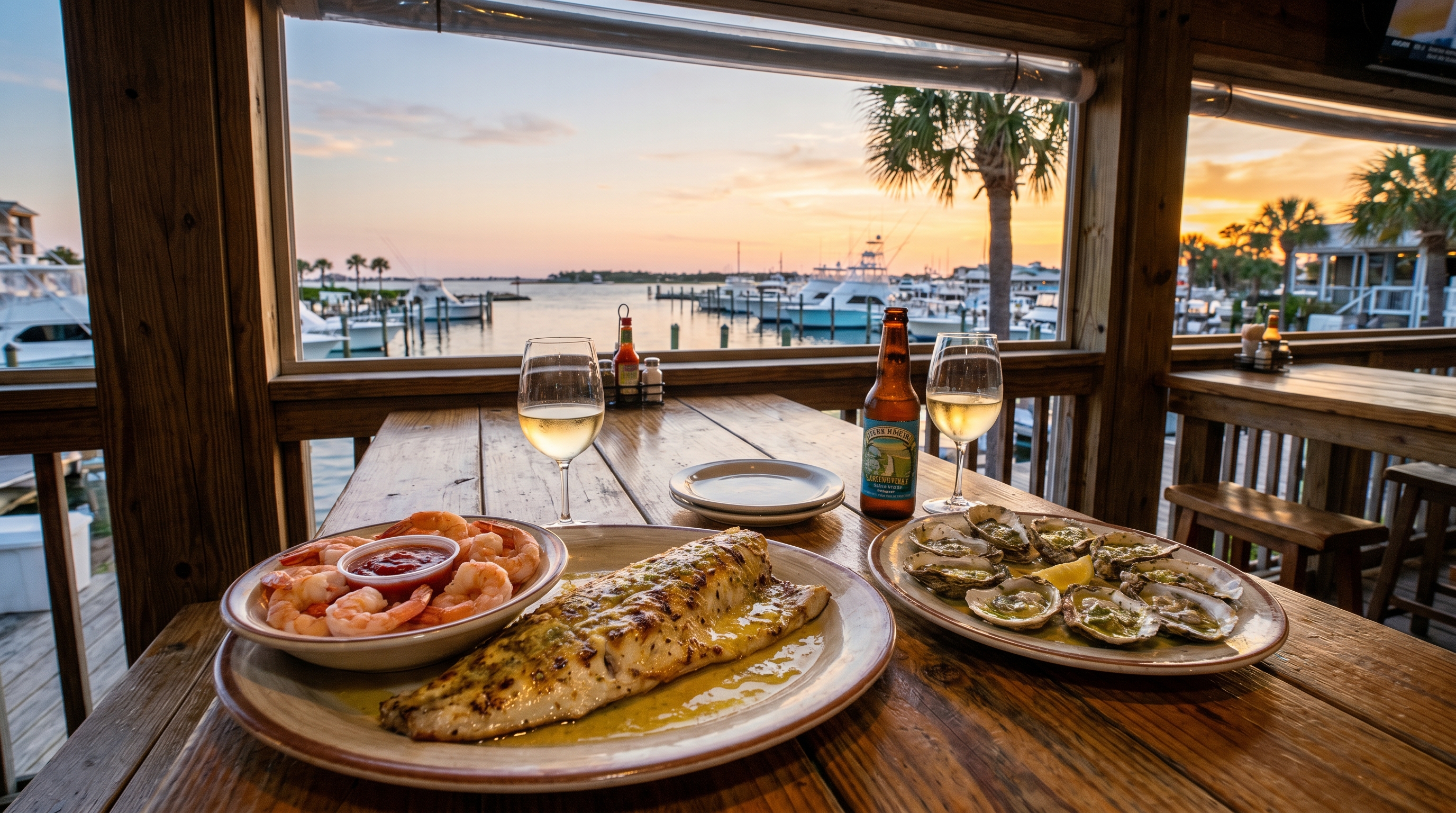 Fresh Gulf seafood platter with grilled grouper, Gulf shrimp, and chargrilled oysters at a waterfront restaurant in Destin Florida