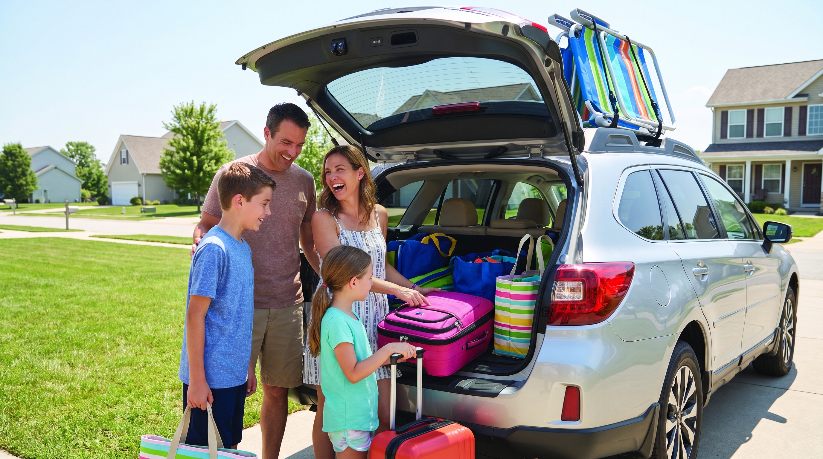 Family loading luggage and beach gear into an SUV in a driveway on a sunny morning, excited for a road trip to the beach