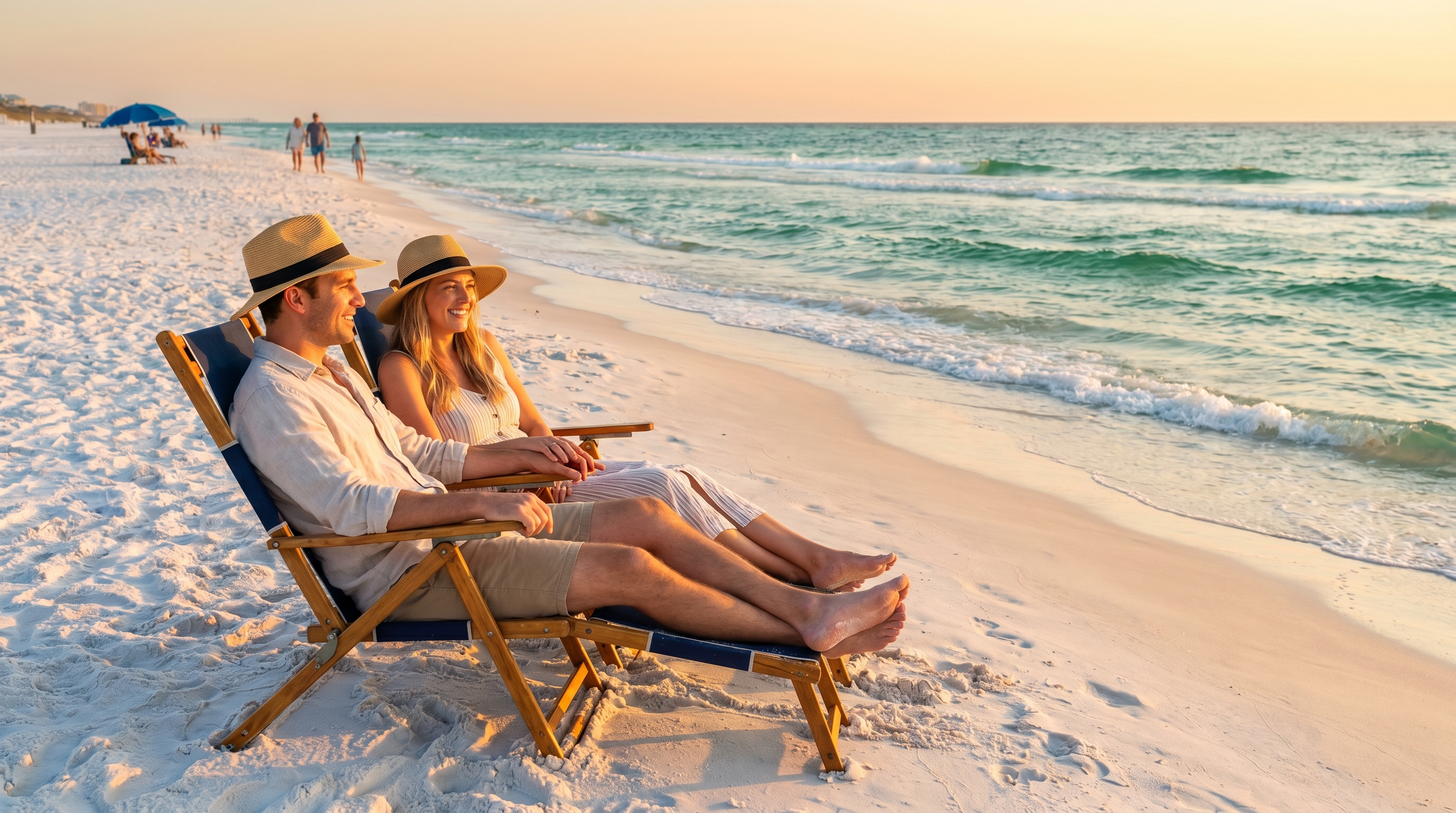 Couple sitting in beach chairs on Destin's white sand looking out at the emerald Gulf of Mexico, blue sky, late afternoon golden light