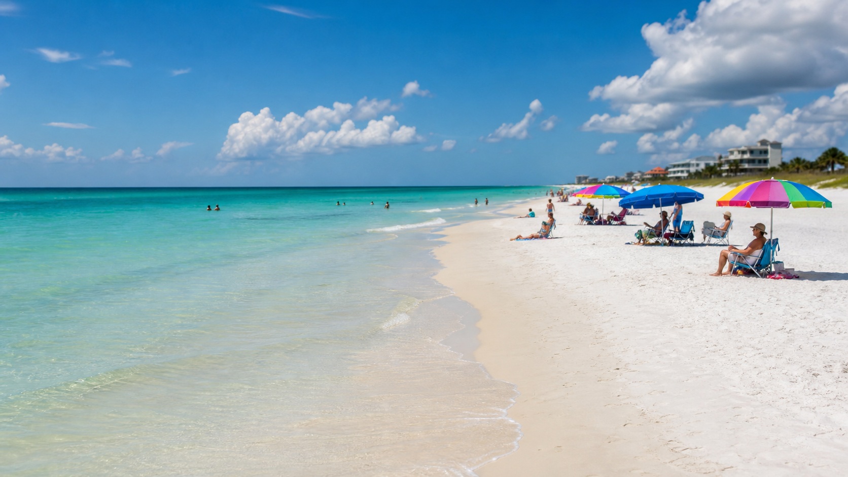 Families with colorful beach umbrellas relaxing on Destin Florida's white sand beach on a bright summer day