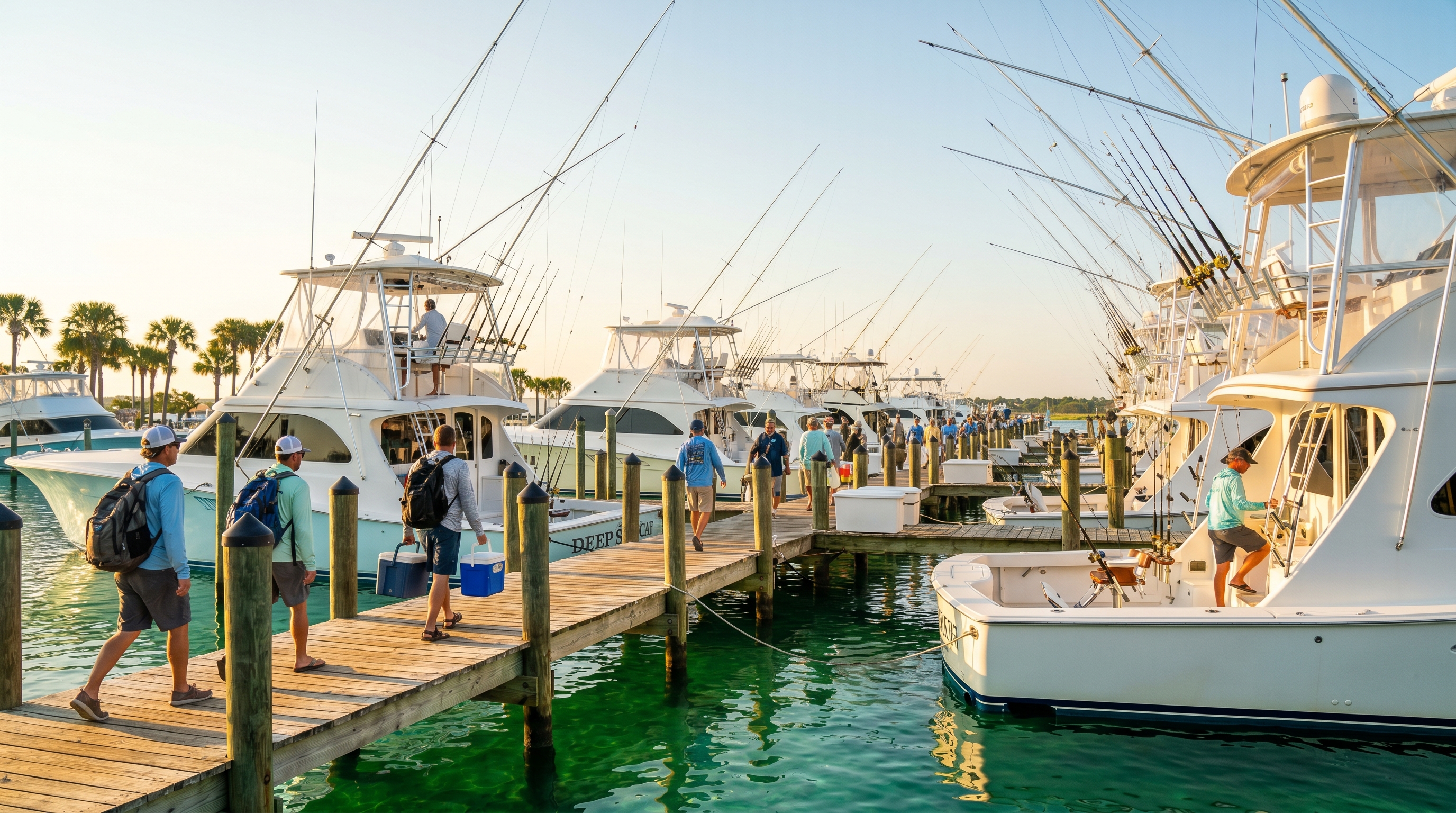 Deep-sea fishing charter boats docked at Destin Harbor marina on a clear sunny morning with emerald Gulf water
