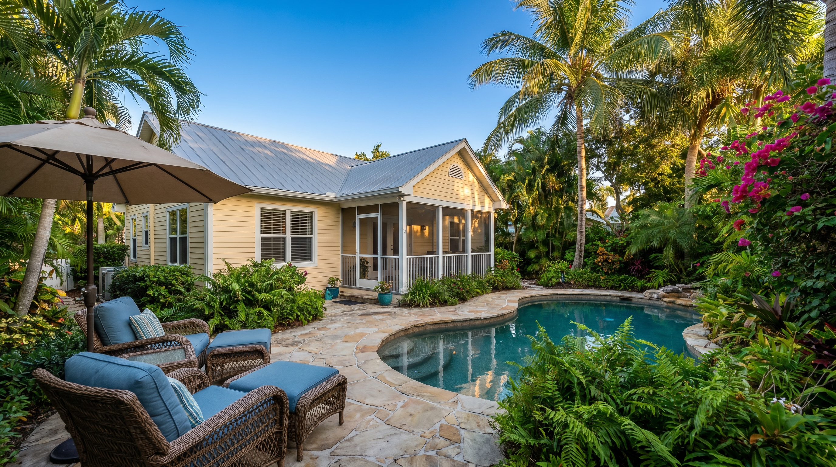Vacation rental beach house with private pool and tropical landscaping in coastal Florida, golden afternoon light