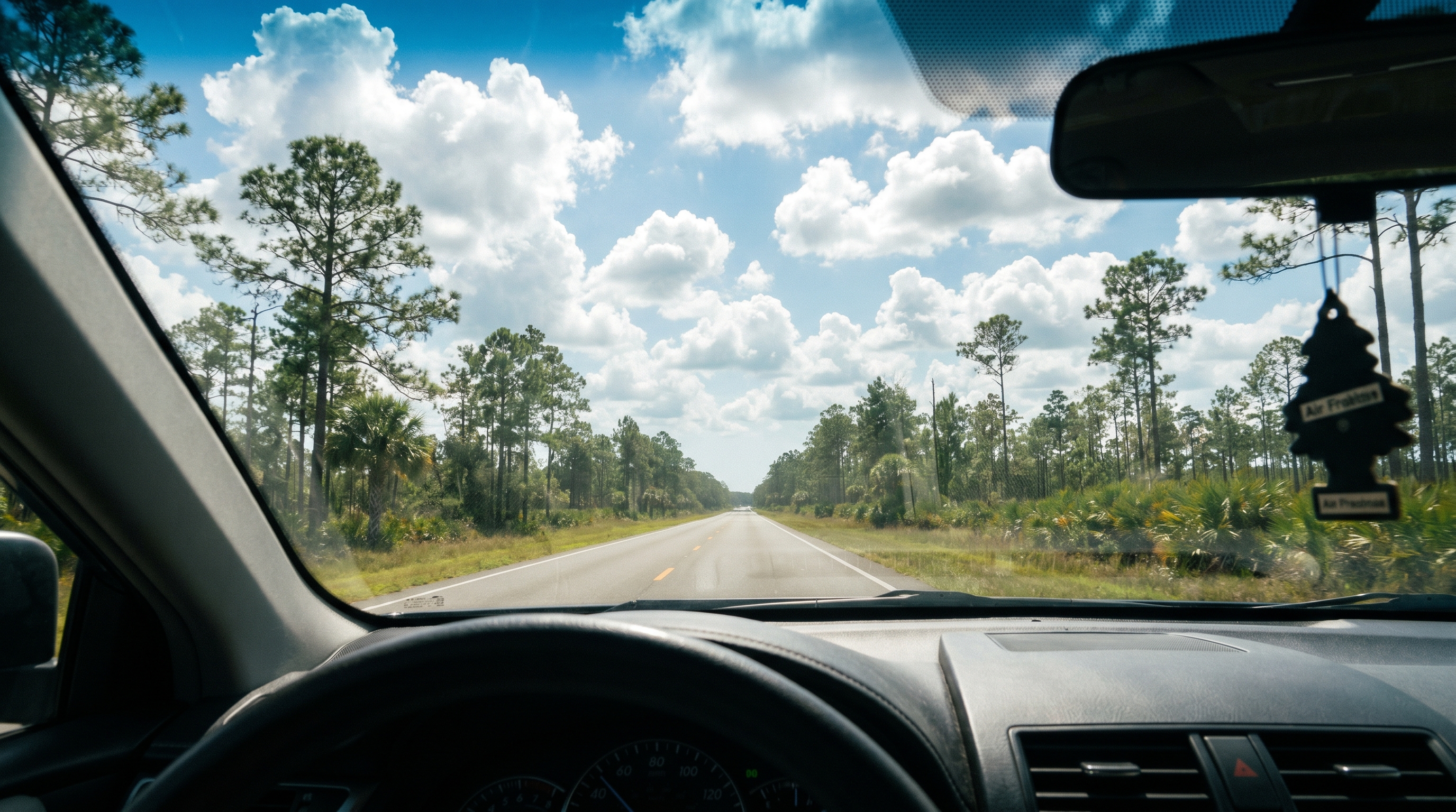 View through a car windshield driving on an open highway through Florida Panhandle pine flatwoods toward the Gulf Coast on a clear summer day