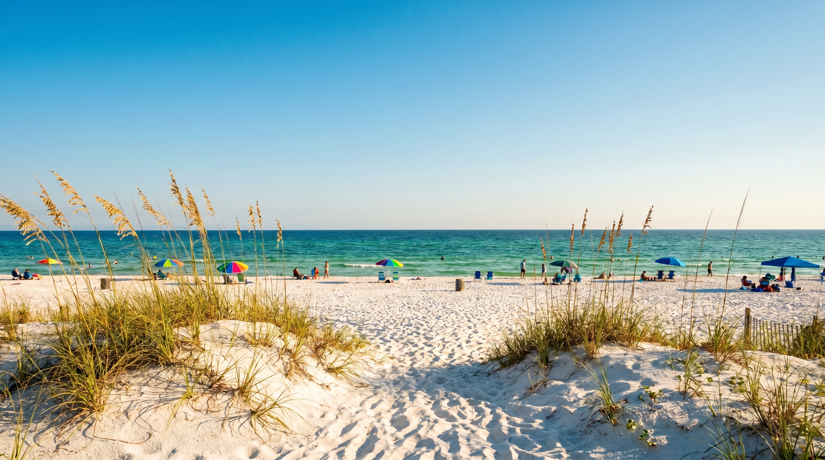 Henderson Beach State Park in Destin — white sand, emerald water, scattered beachgoers