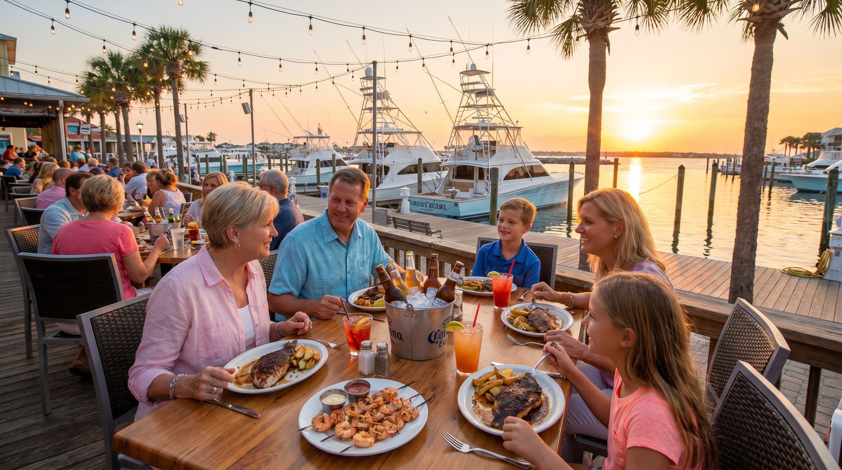 Waterfront seafood dinner at Destin Harbor — grilled grouper, shrimp, sunset, string lights