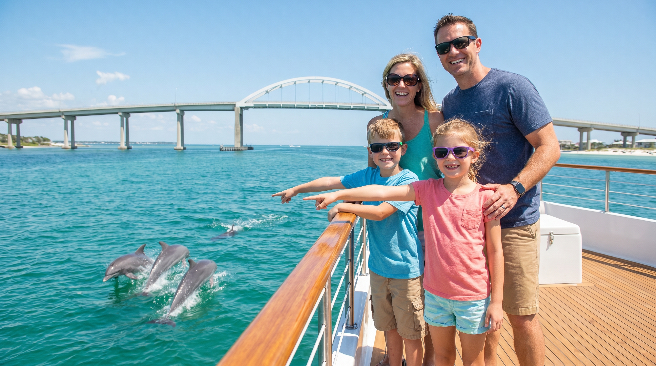 Family on a dolphin cruise in Destin Harbor — kids pointing at dolphins, sunny day
