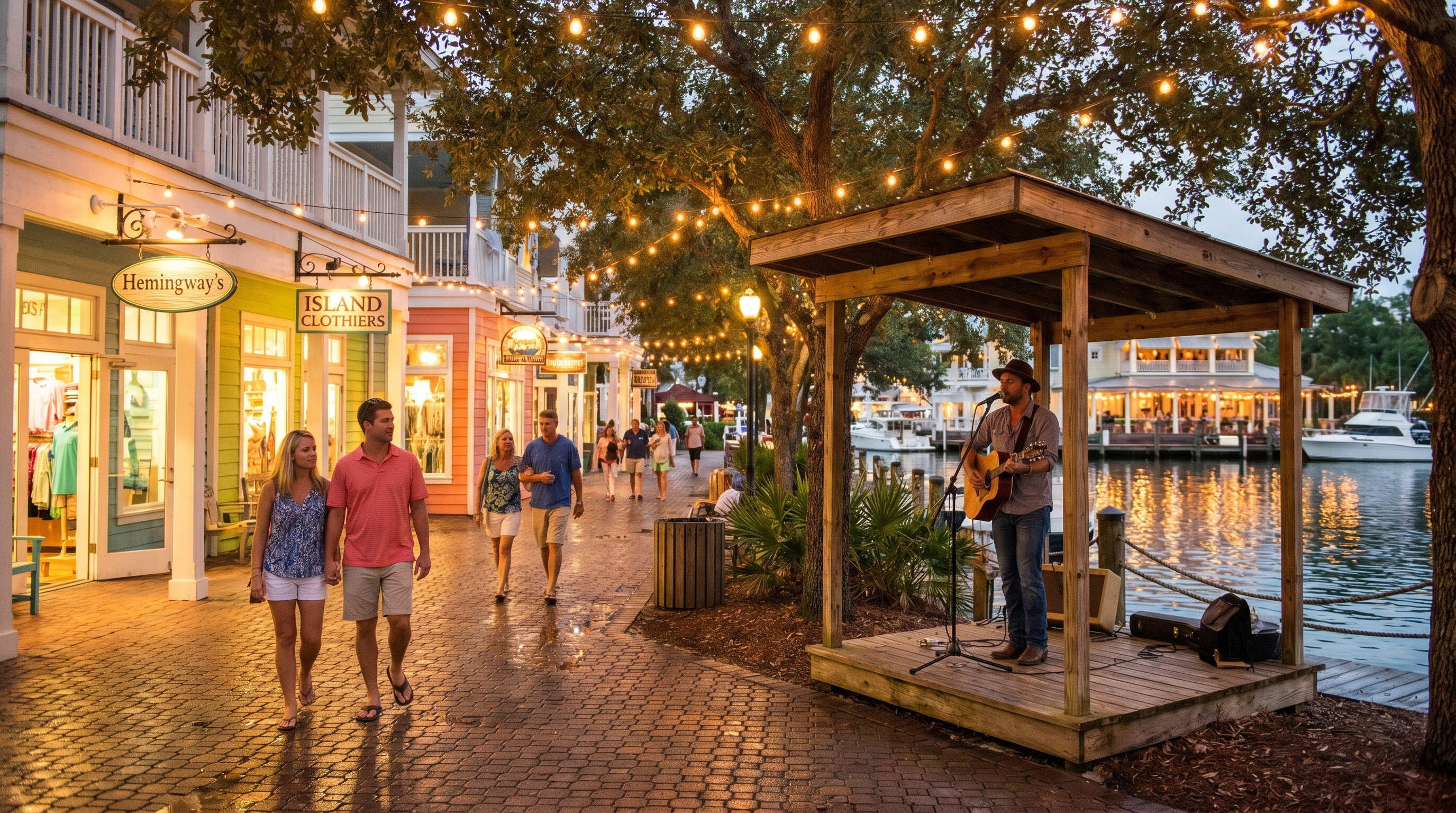 Evening stroll at Baytowne Wharf — string lights, cobblestone, live music, lagoon reflections