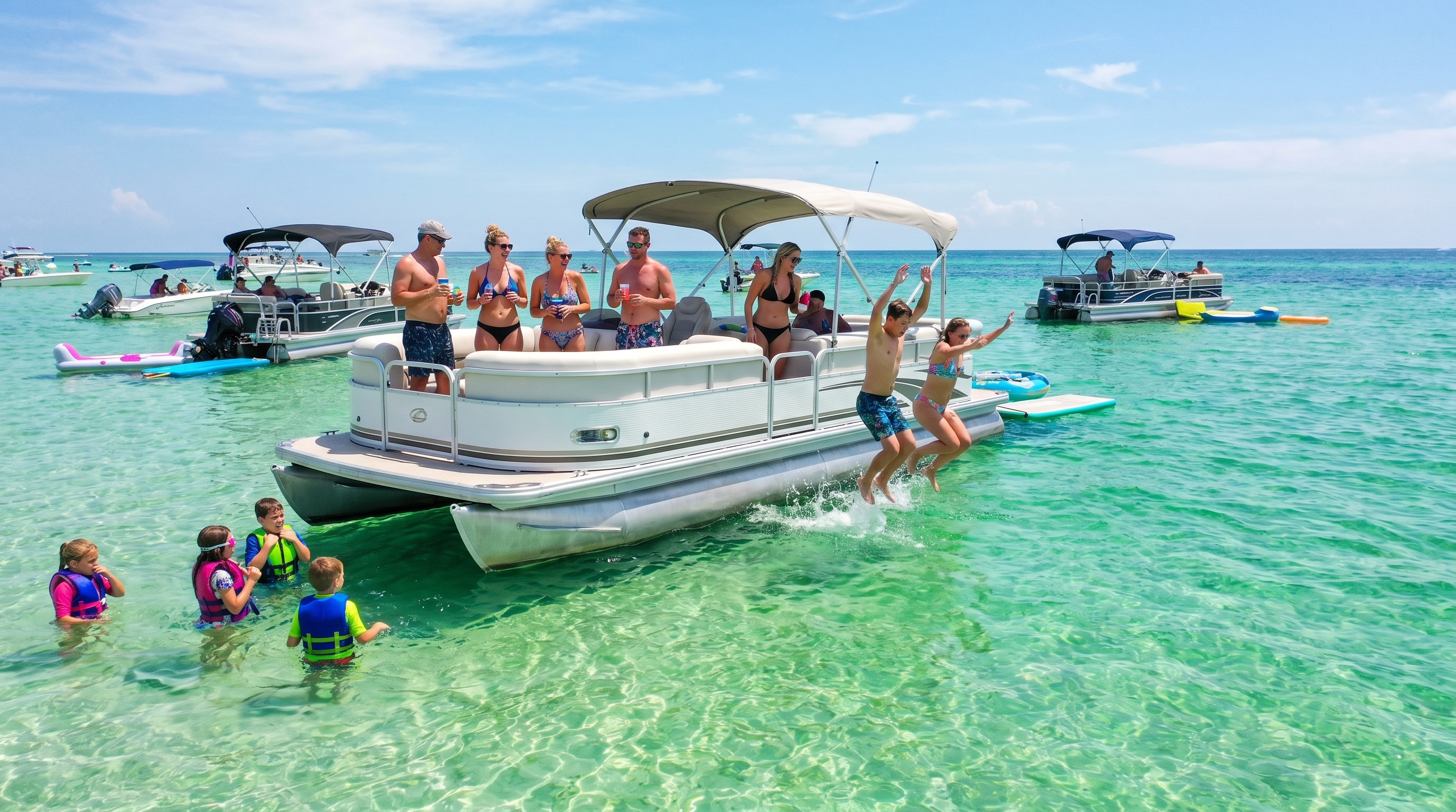 Group of friends on a pontoon boat in shallow emerald water at Crab Island near Destin Florida, swimming and enjoying summer