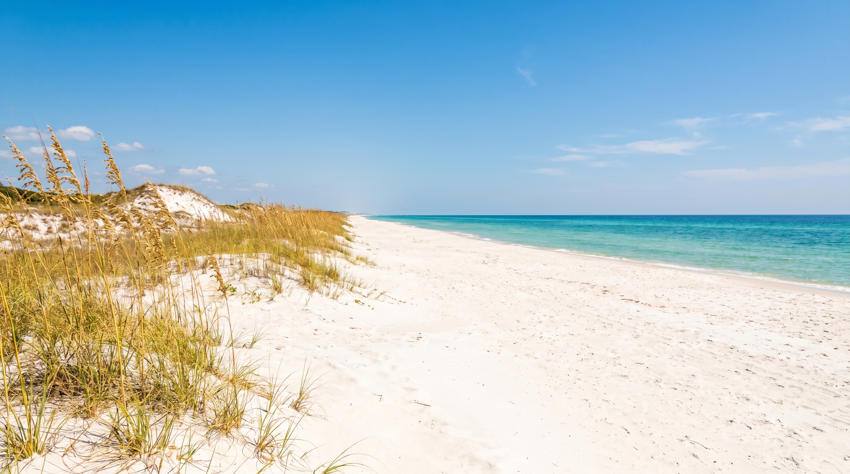 Wide undeveloped white sand beach at Gulf Islands National Seashore near Pensacola Florida with sea oats in the foreground and clear Gulf water