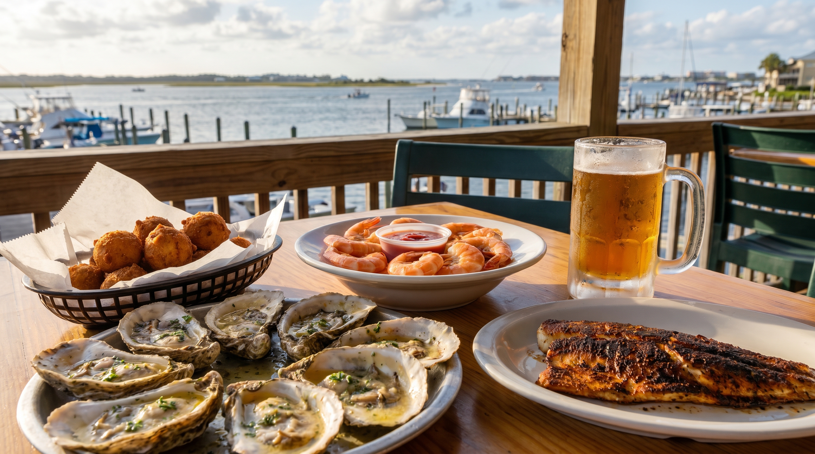 Fresh Gulf seafood platter with chargrilled oysters, blackened grouper, and Gulf shrimp at a waterfront restaurant in Destin Florida