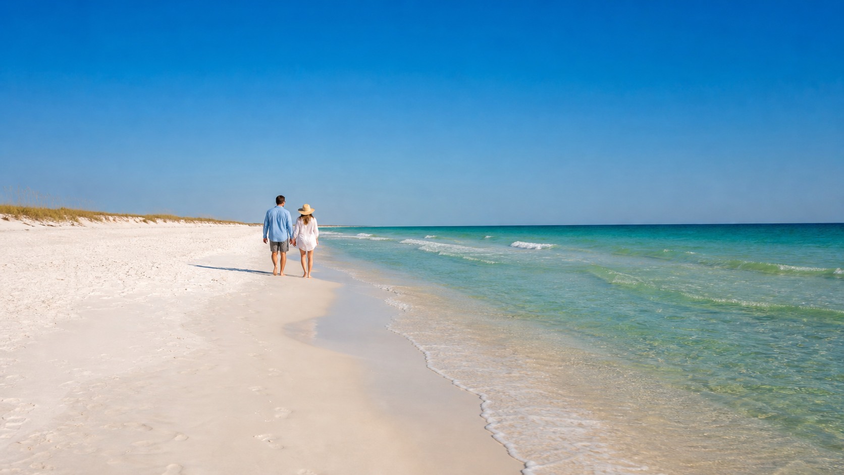 Couple walking along uncrowded white sand beach in Destin Florida in late May with emerald green Gulf water and clear blue sky