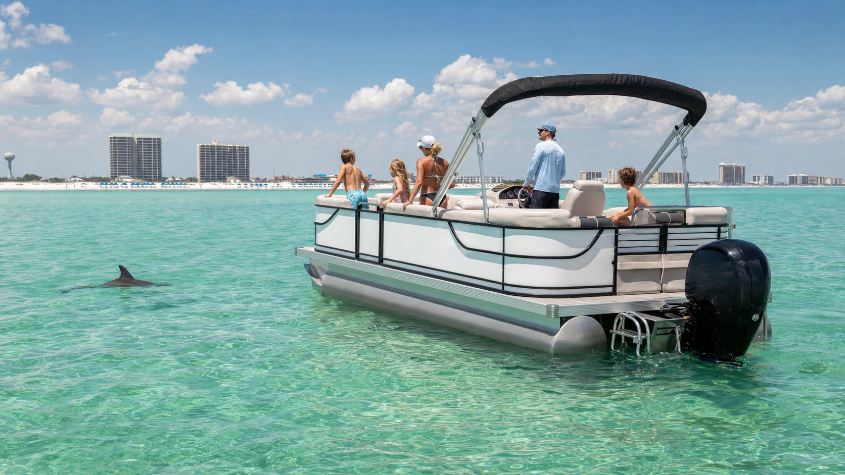 Family on a pontoon boat enjoying the crystal-clear emerald Gulf waters near Destin Florida, smiling and waving on a perfect sunny summer day with dolphins visible nearby