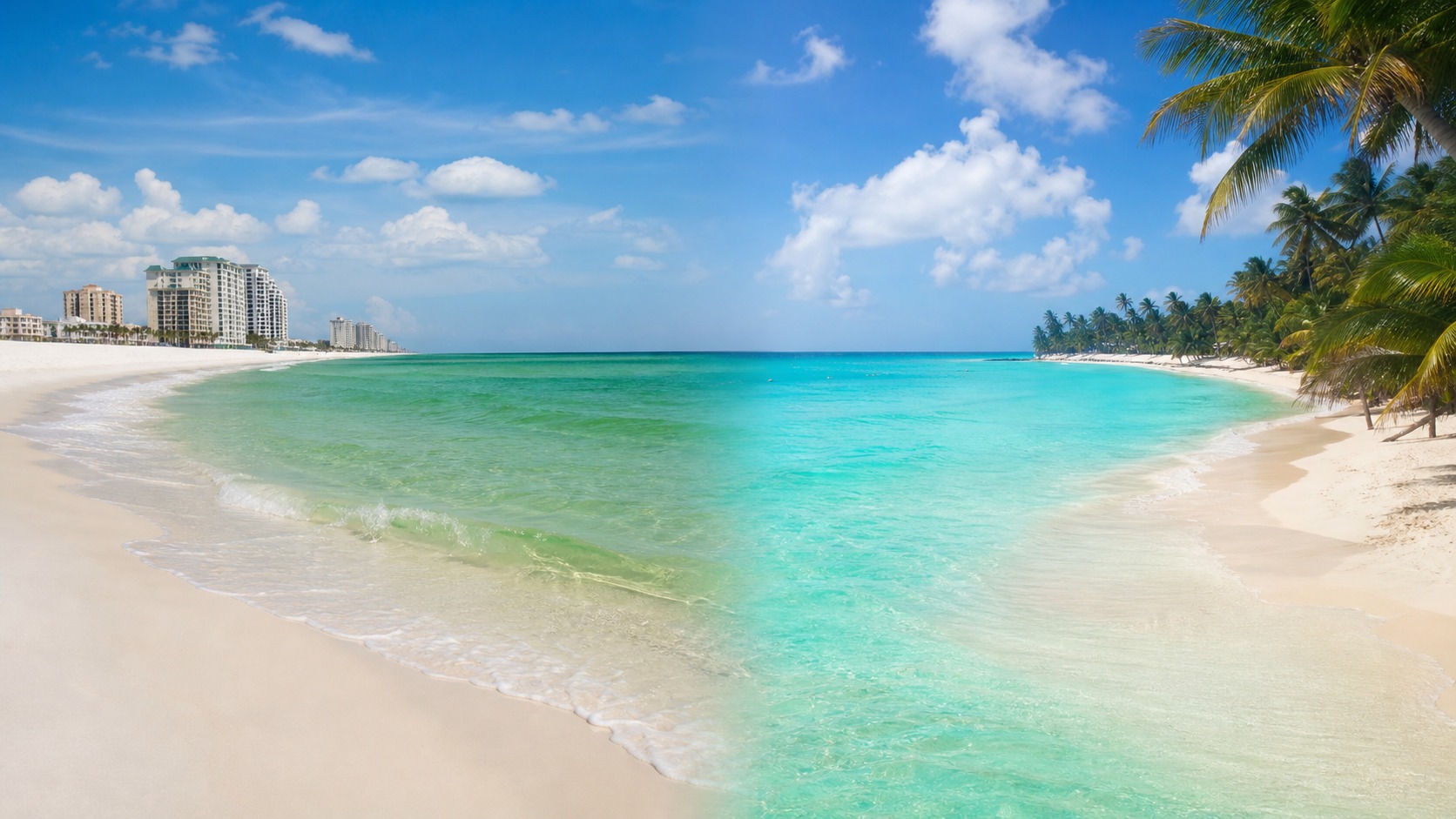 Side-by-side comparison of Destin Florida's emerald green Gulf of Mexico water and sugar-white sand beach versus a tropical Punta Cana Caribbean beach with palm trees and turquoise water