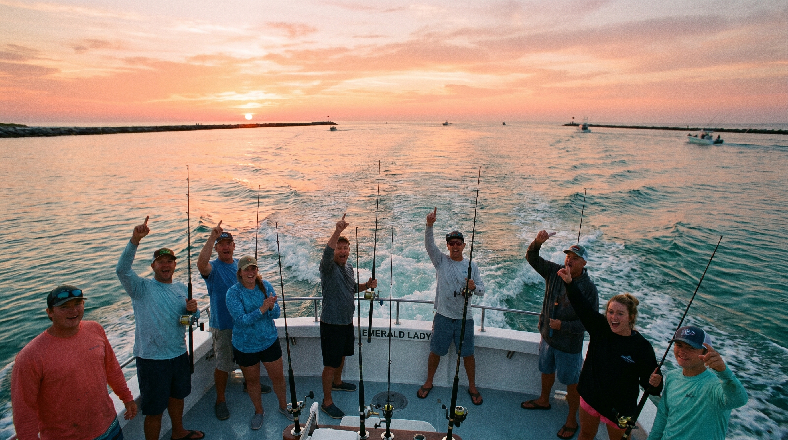 Group of anglers on a charter fishing boat in Destin Harbor at sunrise, rods out, calm Gulf water ahead