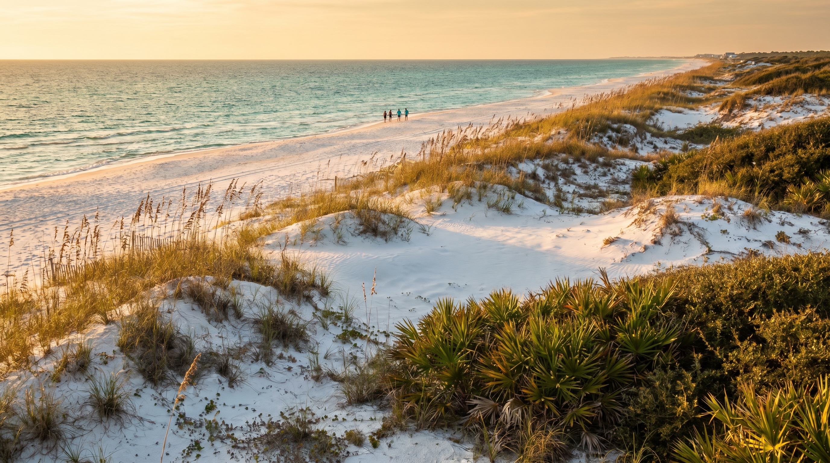 Grayton Beach State Park shoreline — pristine white sand dunes, turquoise Gulf water, no crowd in sight