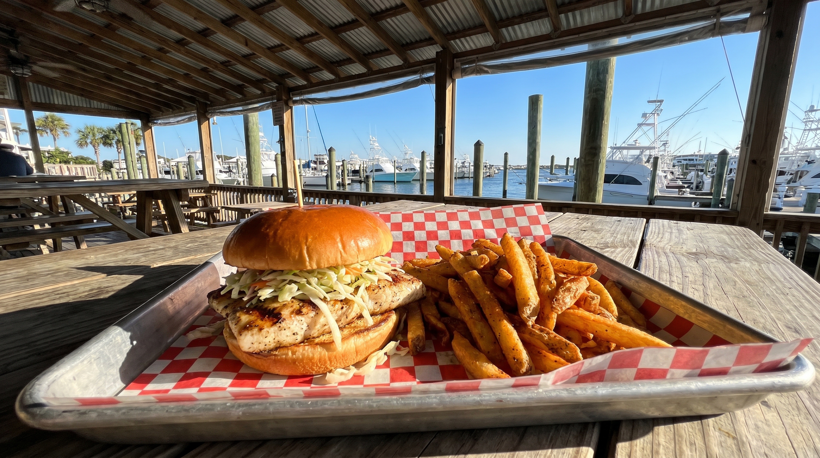 Fresh grilled grouper sandwich with coleslaw and fries at an outdoor waterfront restaurant in Destin, Florida