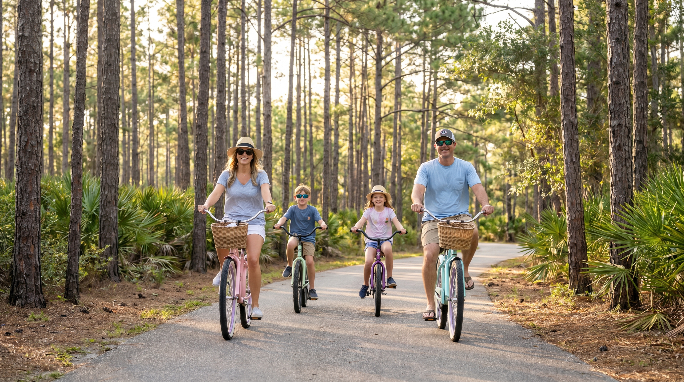 Family cycling along the 30A Bike Trail through shaded pine corridors near Seaside, Florida