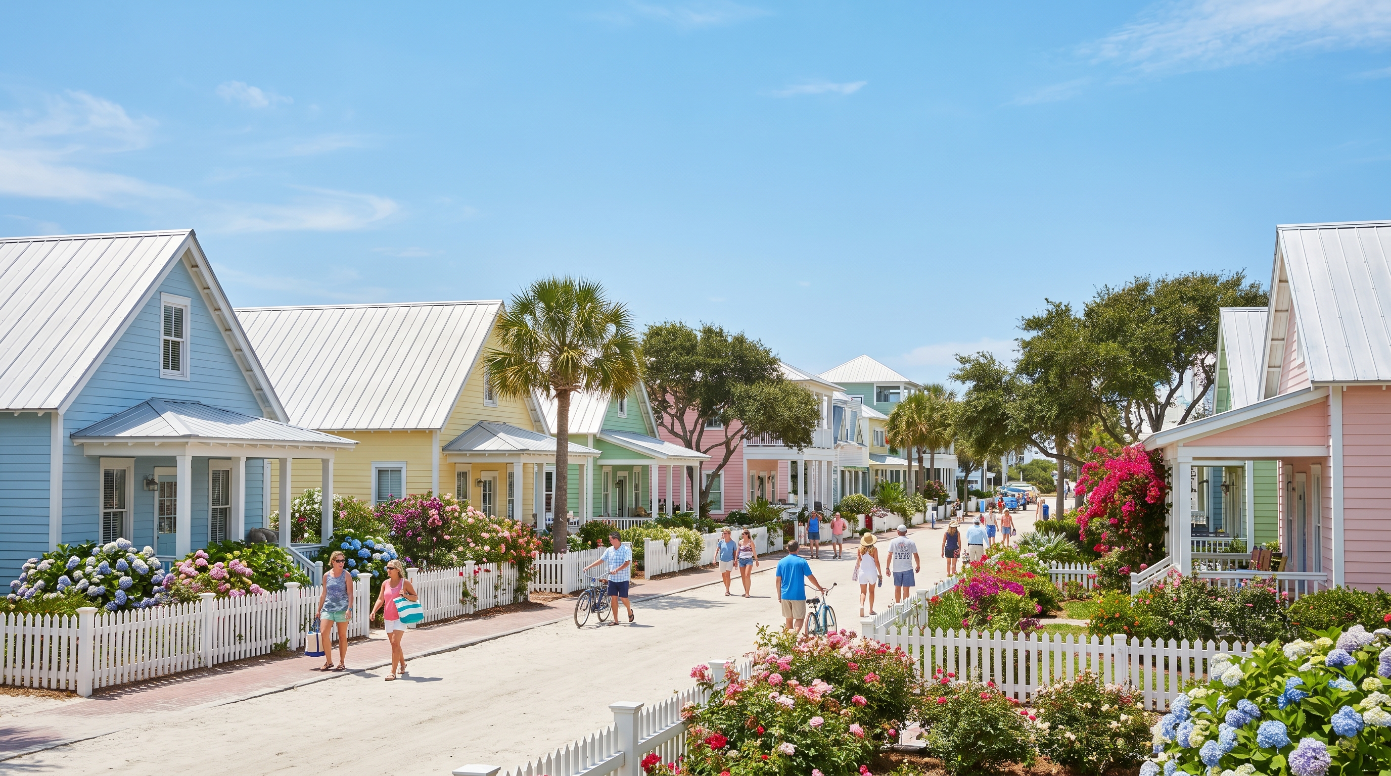 Colorful pastel cottages lining the town center of Seaside, Florida on a sunny afternoon
