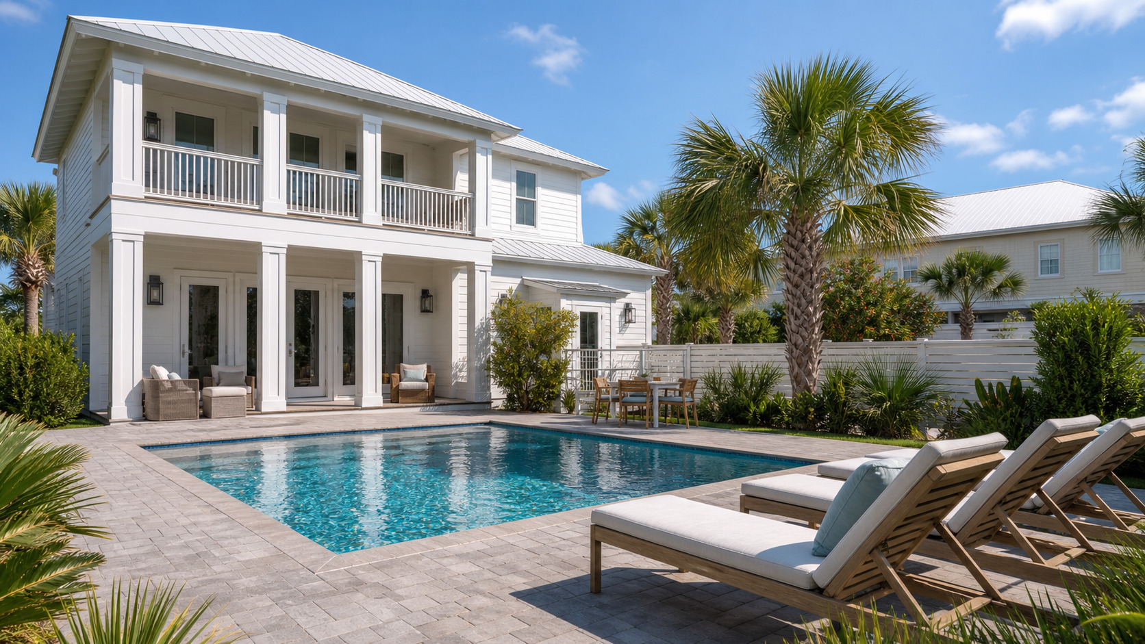 Bright vacation rental home with private pool surrounded by palm trees in Miramar Beach Florida on a sunny summer afternoon