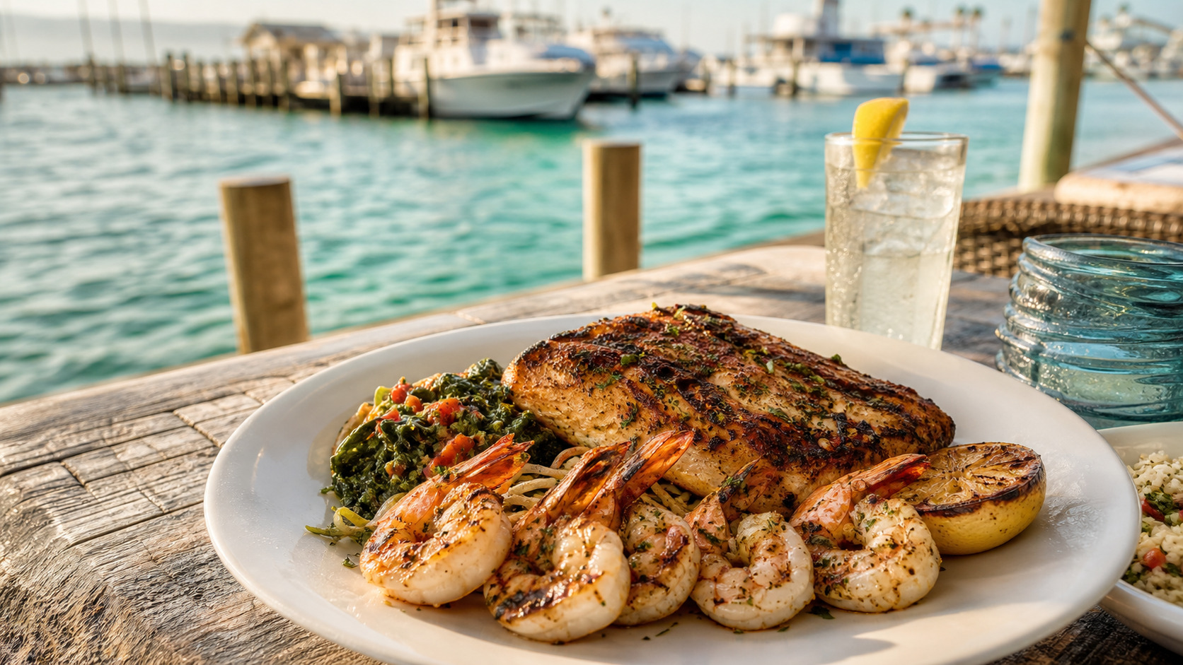 Fresh grilled Gulf grouper and shrimp platter at a waterfront seafood restaurant on Destin Harbor with boats and emerald water in the background