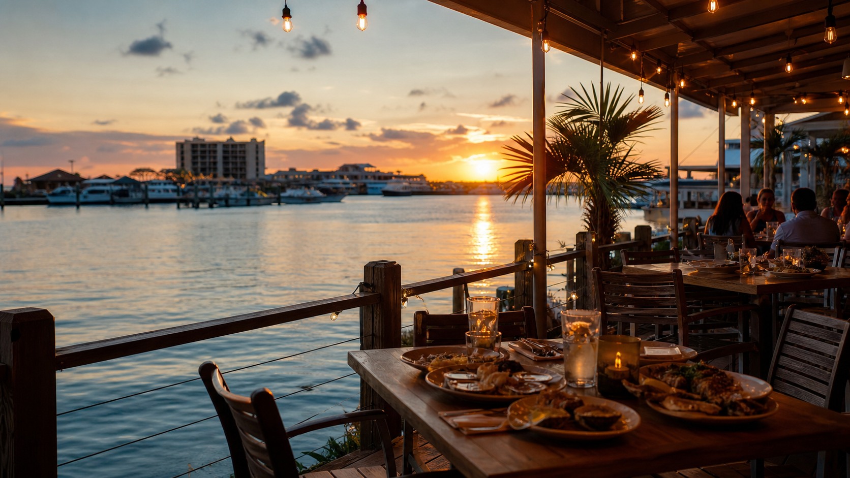 Outdoor waterfront seafood restaurant terrace in Destin Florida at golden hour with harbor views, string lights, and diners enjoying fresh fish and cocktails