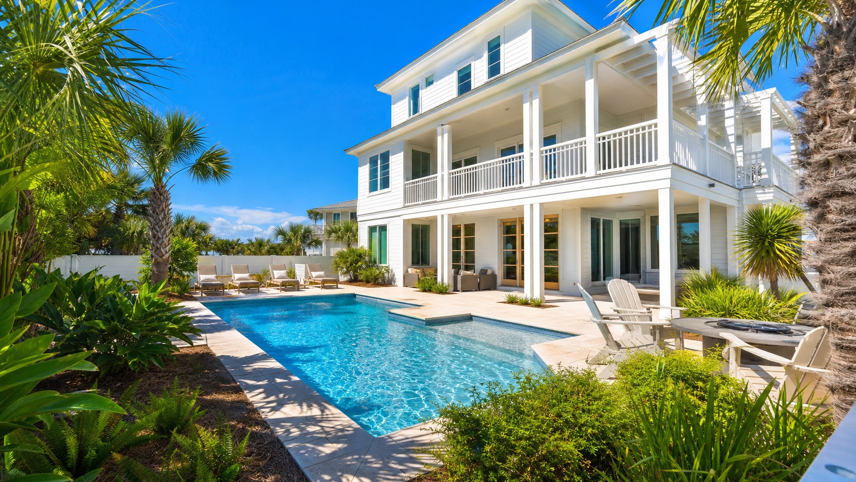 Beautiful vacation rental house in Miramar Beach Florida with sparkling private pool, tropical landscaping, blue sky and palm trees on a perfect summer afternoon