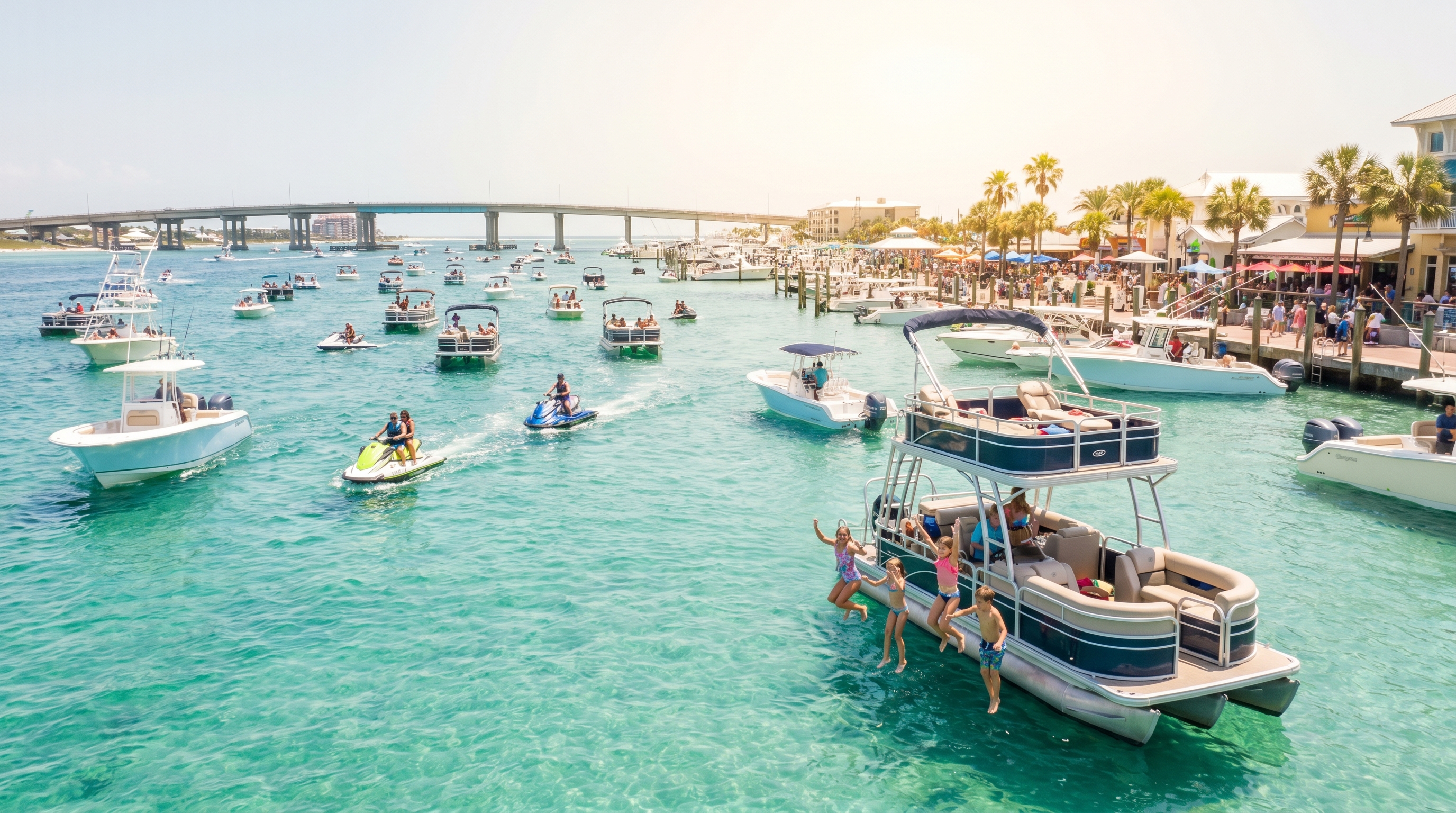 Summer in Destin with bright sun, warm gulf water, and busy beaches
