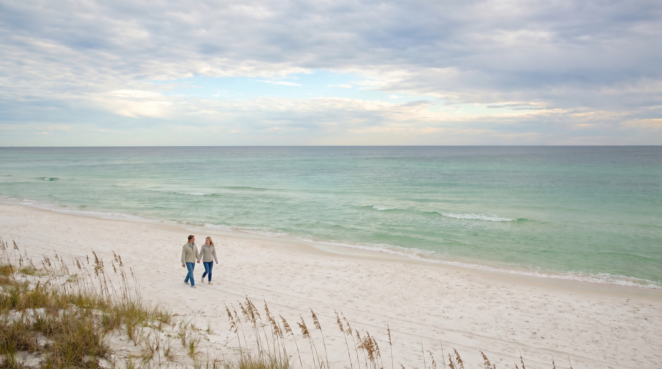 Winter beach scene in Destin with calm water and fewer crowds