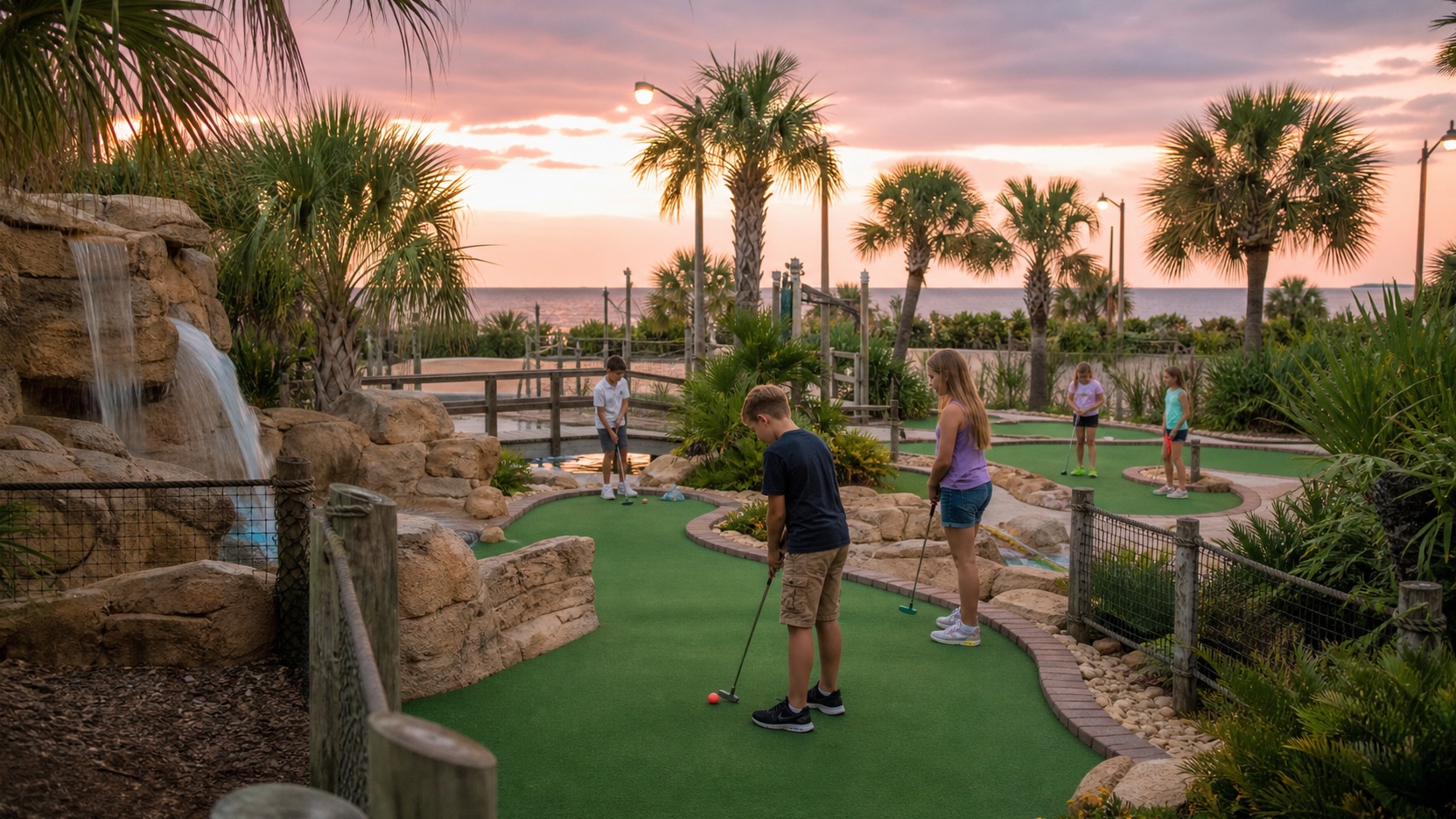 Kids playing mini golf at a colorful tropical-themed mini golf course near Destin Florida with palm trees and bright lighting in the evening