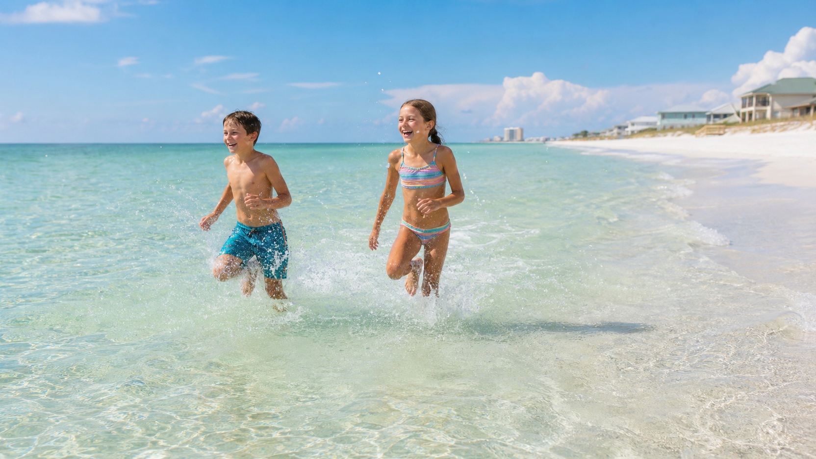 Two school-age children running and laughing through shallow emerald Gulf of Mexico water at a white sand beach in Destin Florida on a sunny summer day