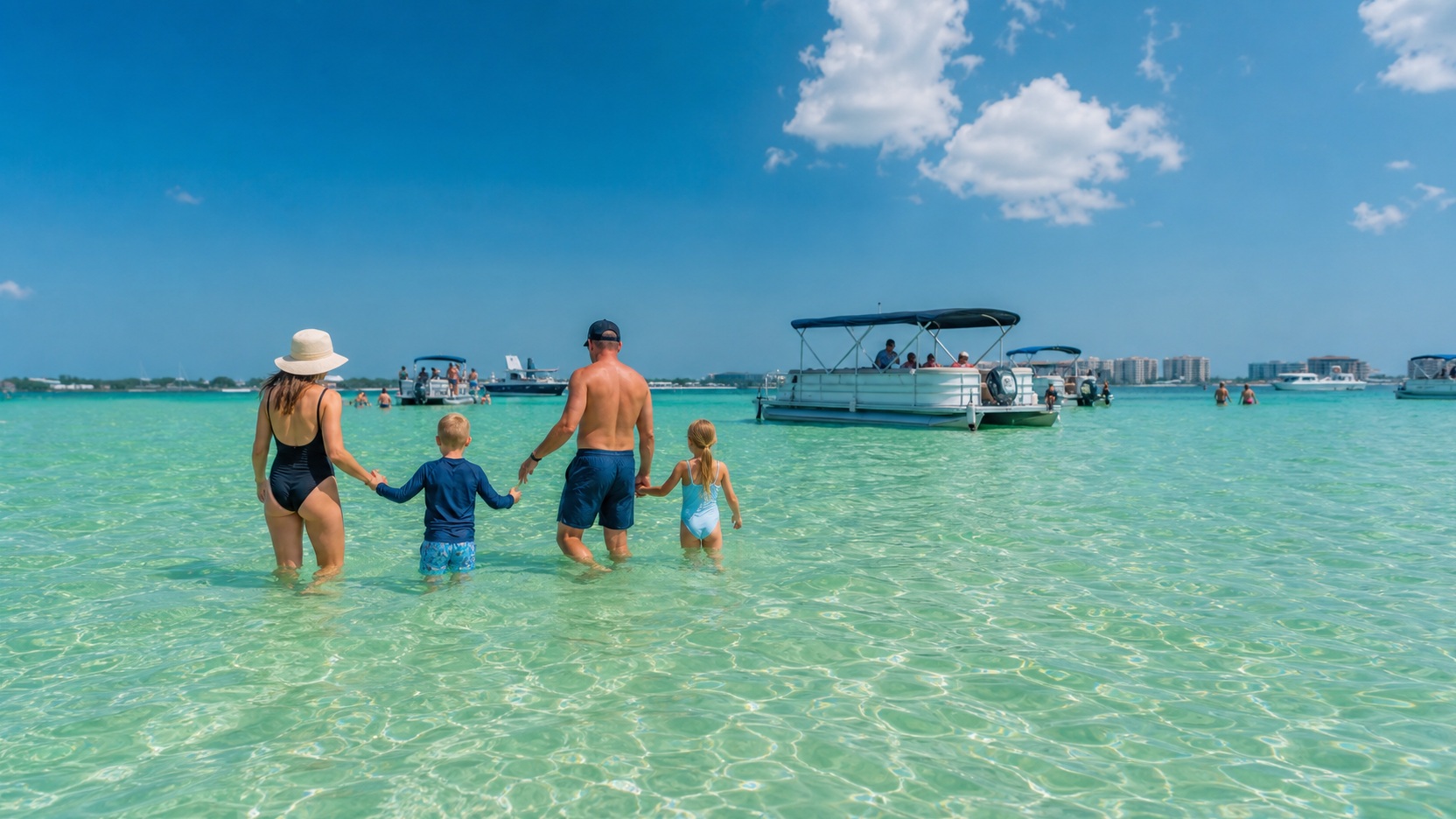 Family with kids wading in crystal clear shallow water at Crab Island sandbar in Destin Harbor Florida, pontoon boats anchored nearby in emerald water
