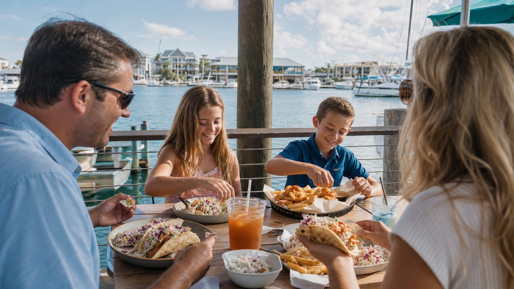 Family with school-age children eating at an outdoor waterfront seafood restaurant in Destin Florida, fresh fish tacos and shrimp baskets on the table, relaxed casual atmosphere