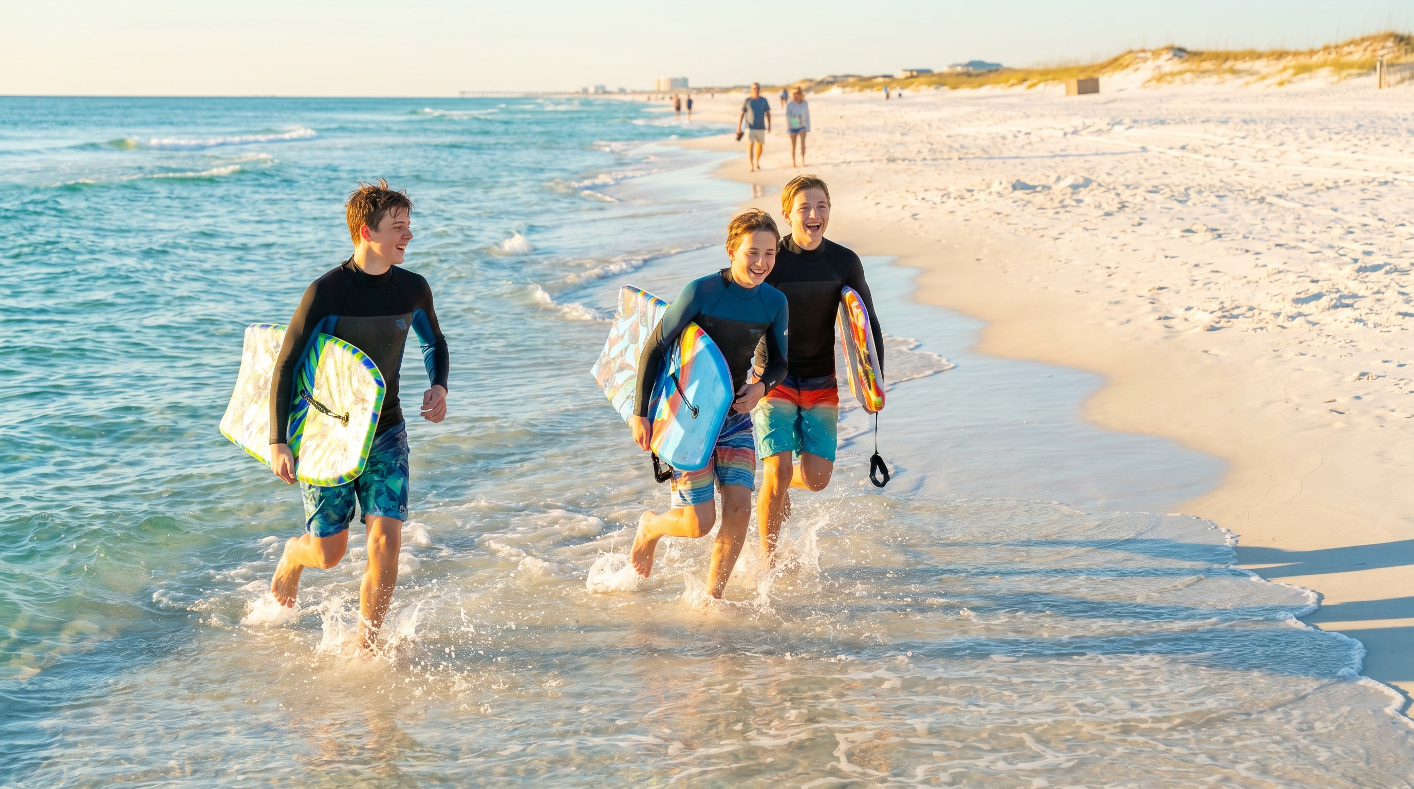 Three teenagers with boogie boards running into gentle Gulf waves at Destin Florida beach in late afternoon golden light