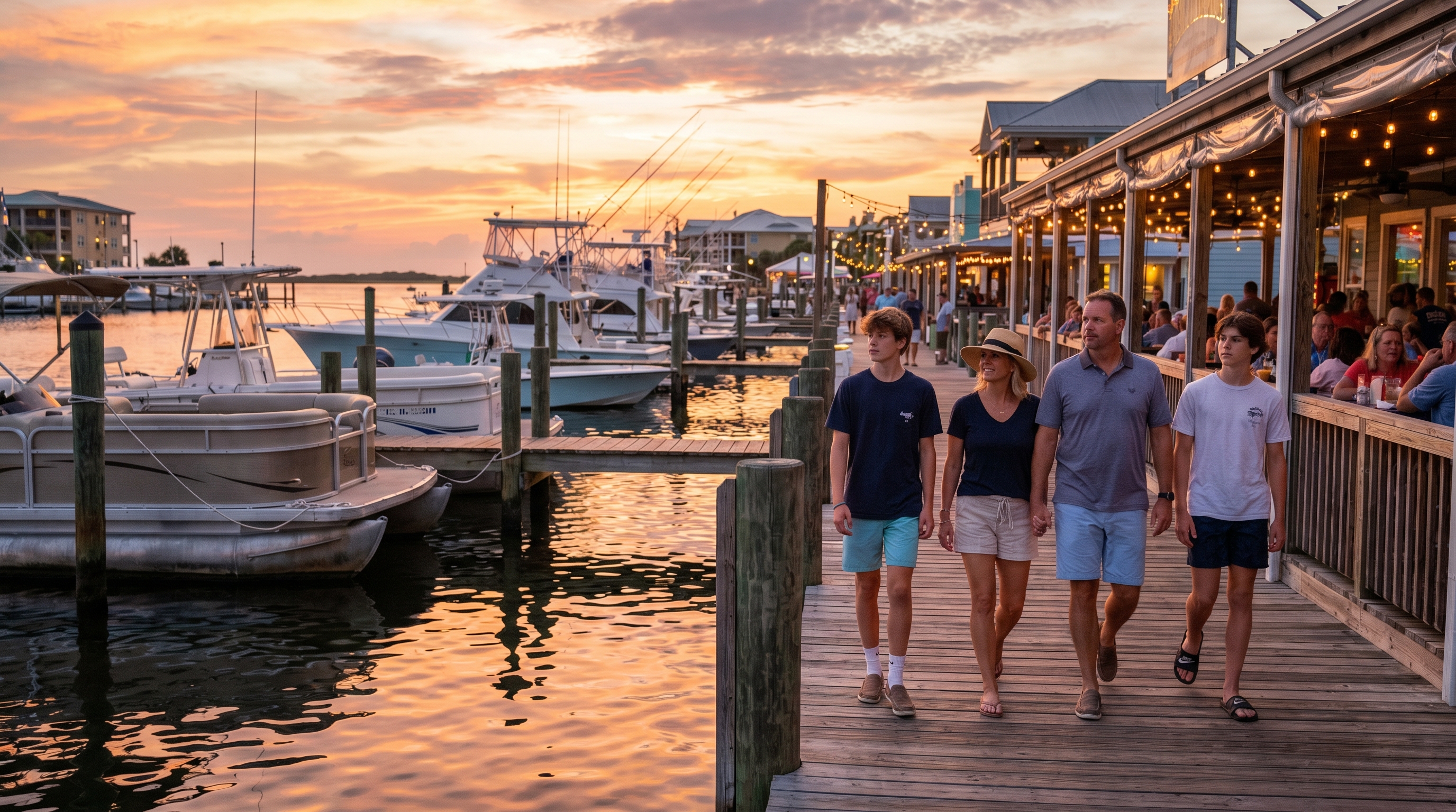 Family with teenagers walking along the HarborWalk boardwalk in Destin Florida at sunset with charter fishing boats and golden harbor light