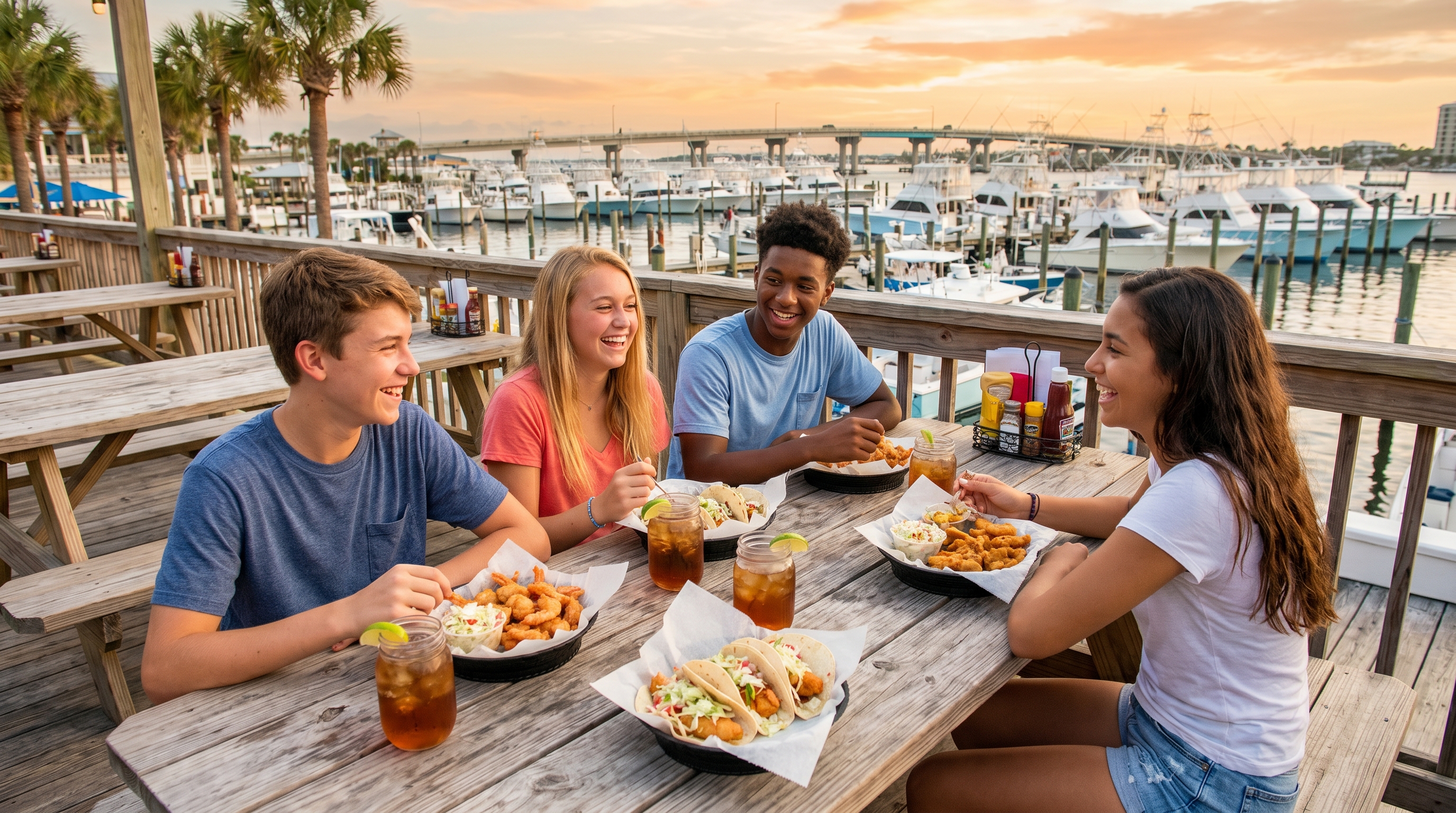 Teenagers eating casual seafood at an outdoor waterfront restaurant in Destin Florida with charter boats visible in the background