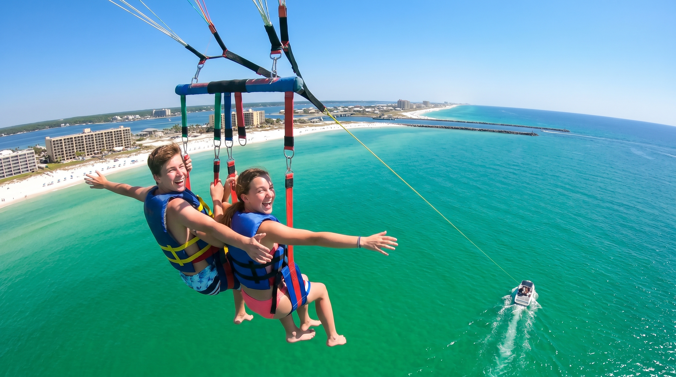 Two teenagers parasailing tandem over the emerald Gulf of Mexico near Destin Florida with the harbor visible far below