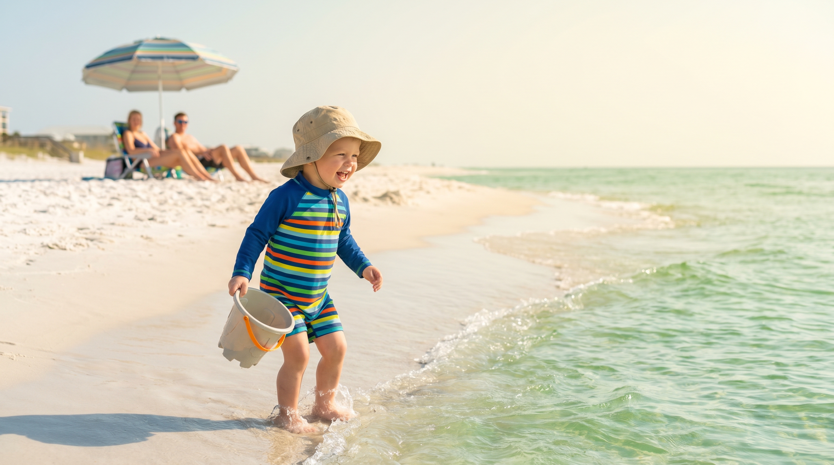 Toddler in a rash guard and sun hat playing in shallow emerald Gulf water in Destin Florida with parents watching nearby