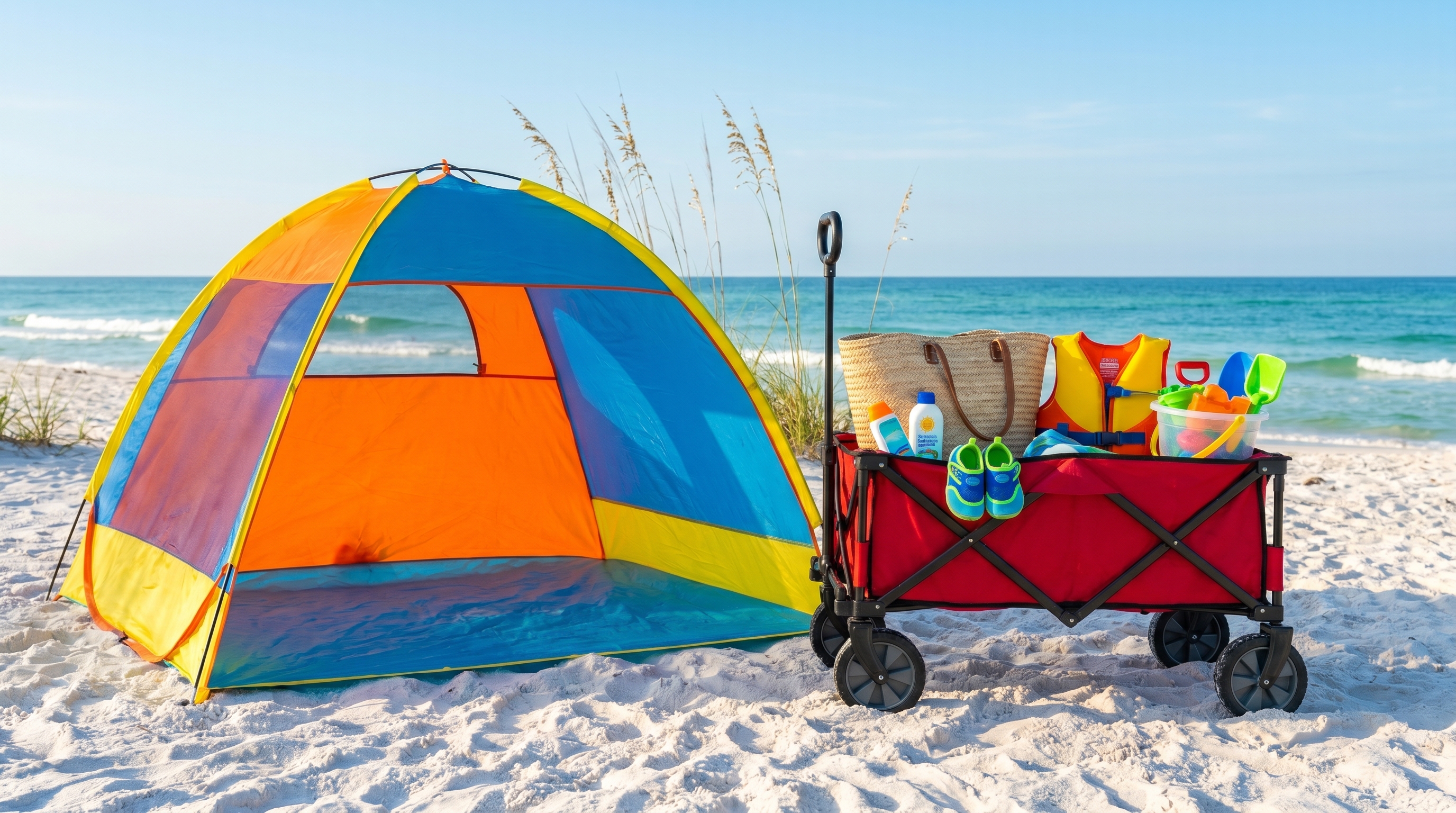 Beach gear for a family vacation with a toddler: pop-up shade tent, collapsible wagon, rash guard, sunscreen, water shoes and beach toys on white sand