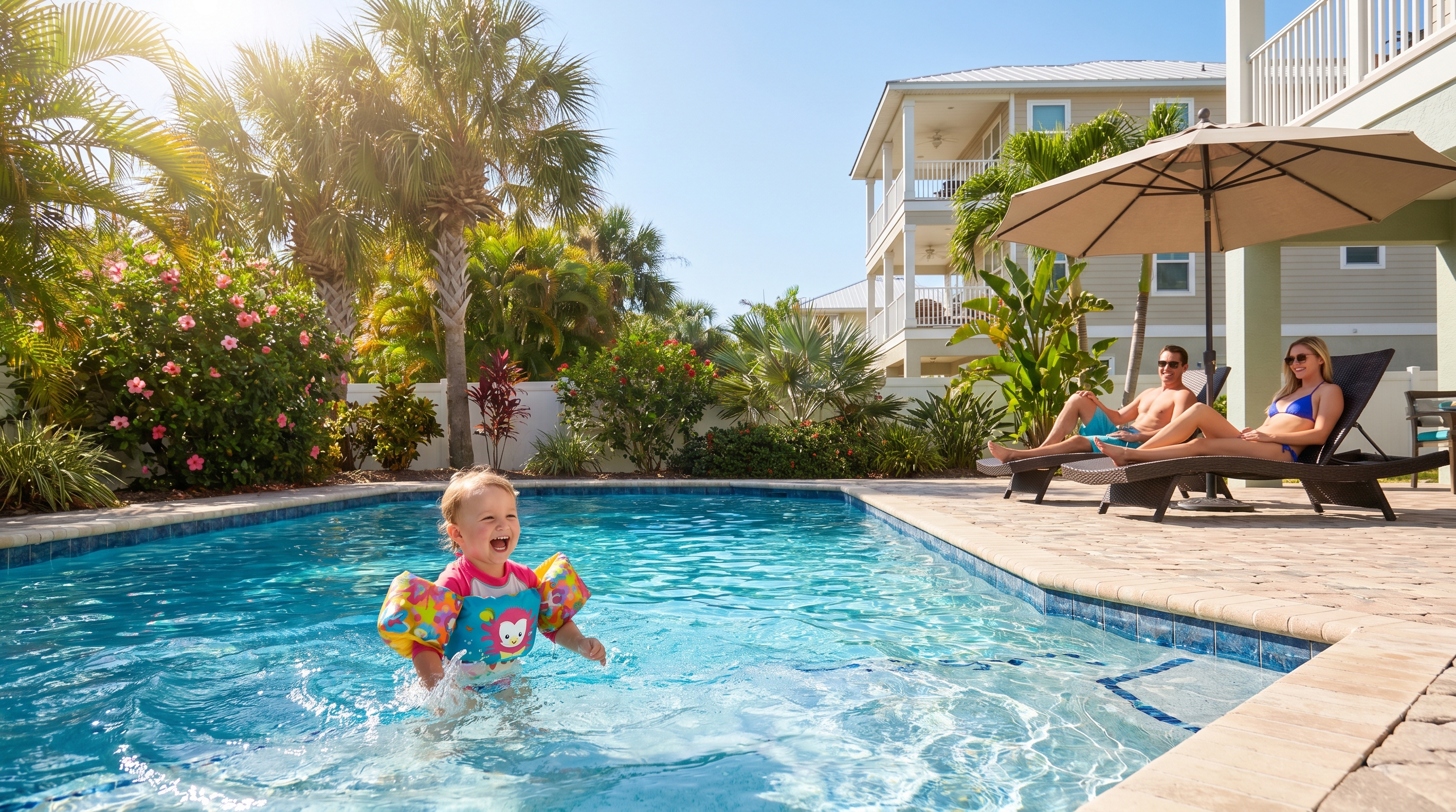 Young toddler playing in a private pool at a vacation rental home in Miramar Beach Florida with parents relaxing nearby, sunny Gulf coast summer day