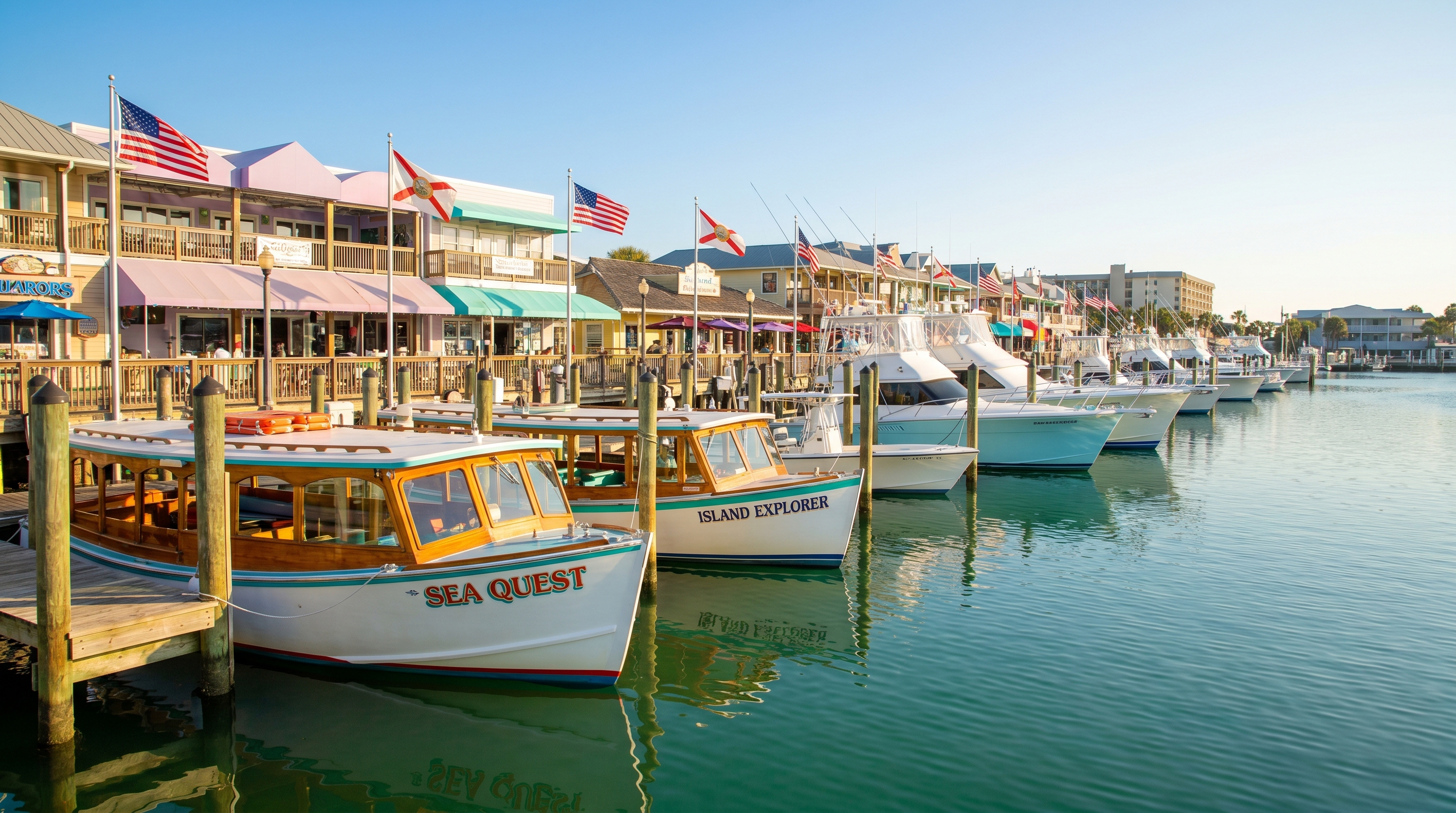 Dolphin tour and charter fishing boats moored at HarborWalk Village marina in Destin Florida on a bright sunny morning