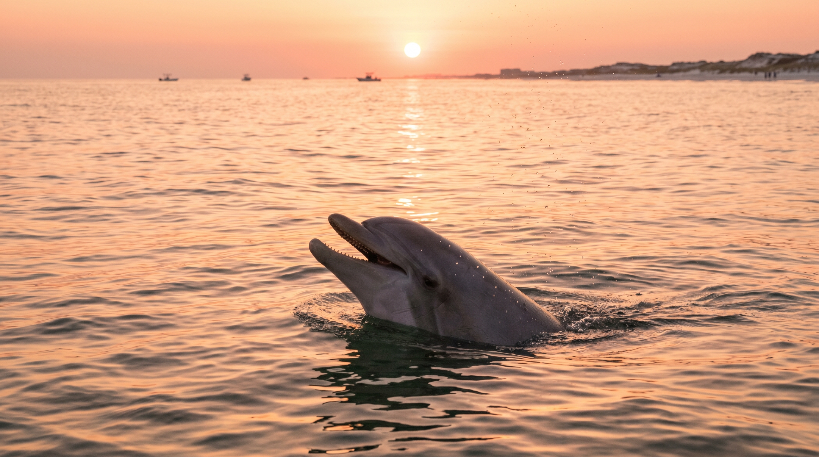 Bottlenose dolphin surfacing in calm golden-hour water near Destin Florida at sunset, warm pink and orange light on the water