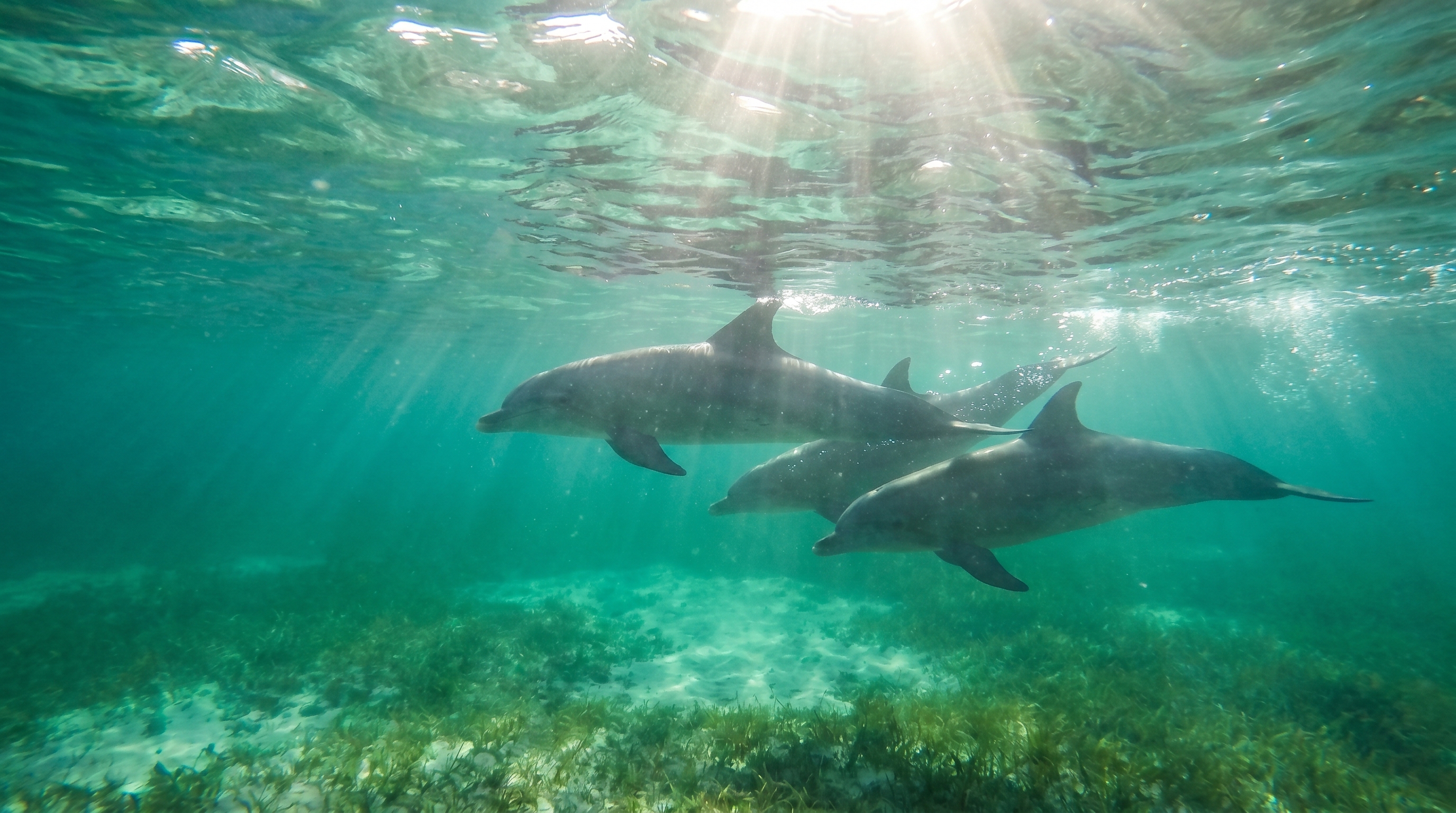 Three bottlenose dolphins swimming freely just below the surface of clear turquoise Gulf water near Destin Florida