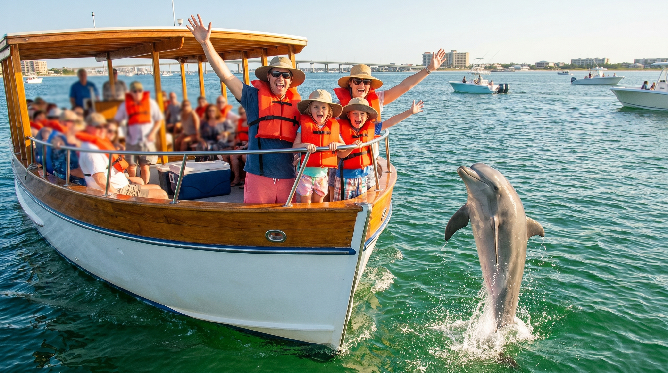 Family with two young children cheering from the bow of a dolphin tour boat as a dolphin leaps from the water near Destin Harbor