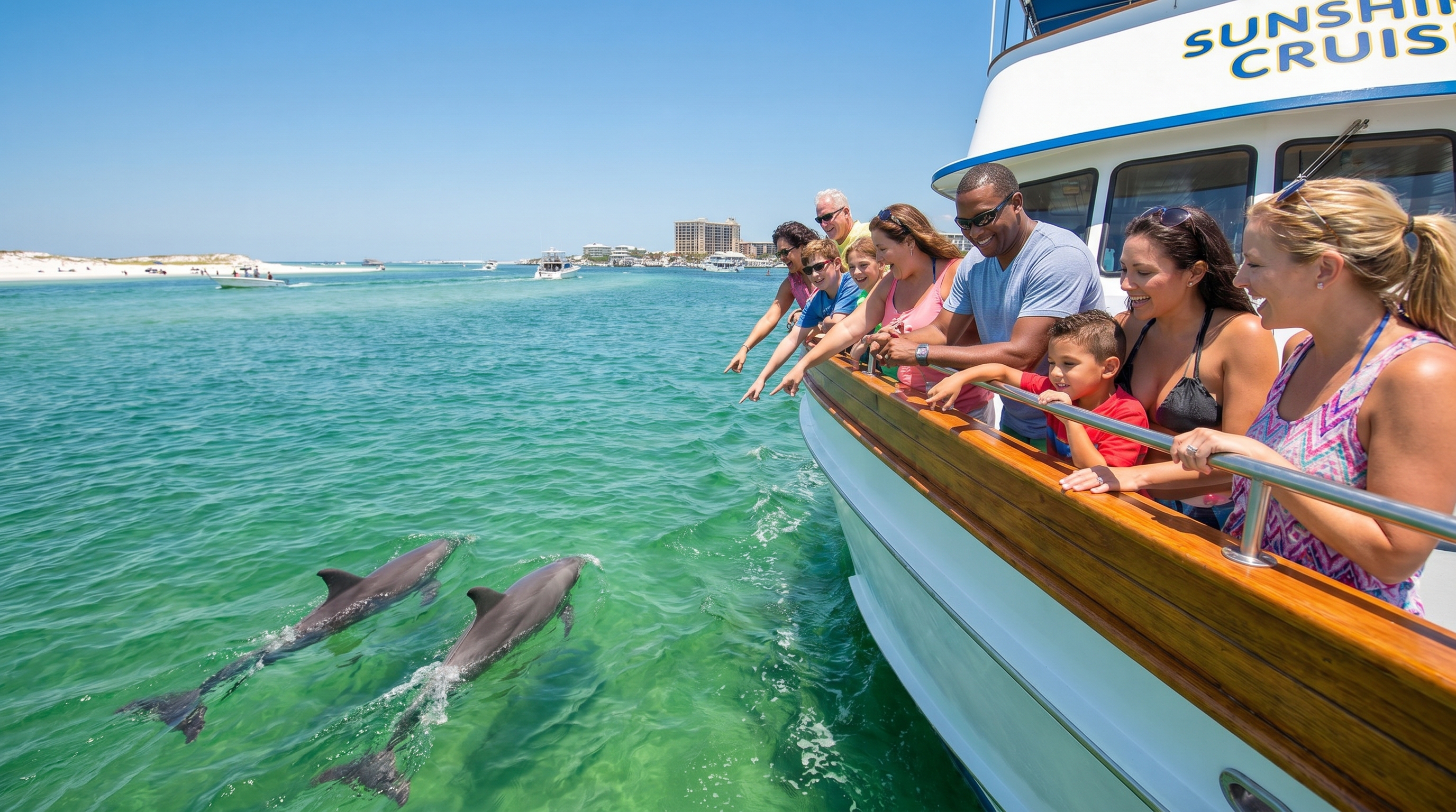 Tourists leaning over the bow rail of a dolphin cruise boat watching bottlenose dolphins swim alongside in Destin Harbor