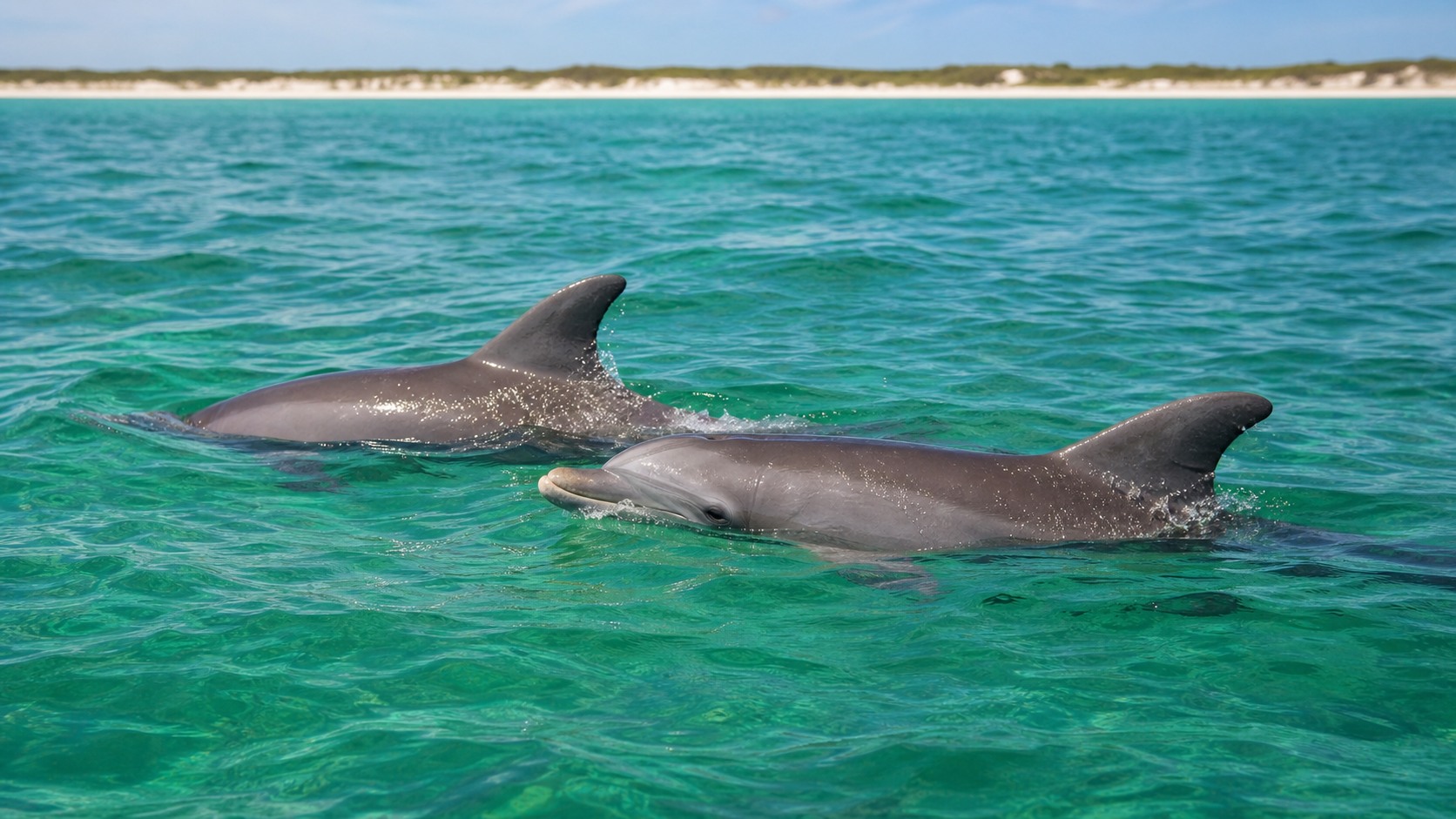 Pair of bottlenose dolphins swimming in crystal clear emerald green water near Destin Harbor Florida