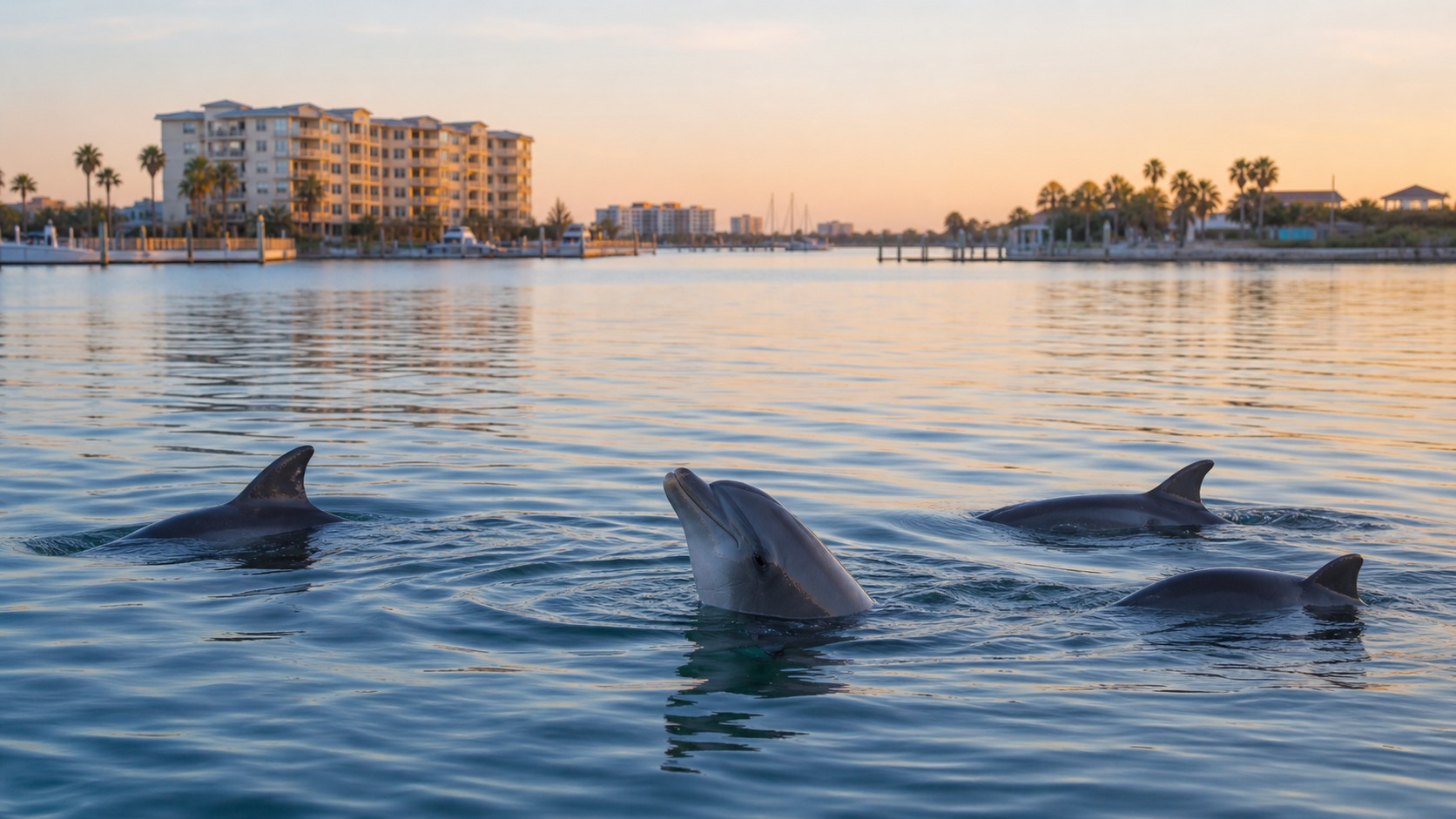 School of bottlenose dolphins jumping in the glassy calm early morning water of Destin Harbor at golden hour