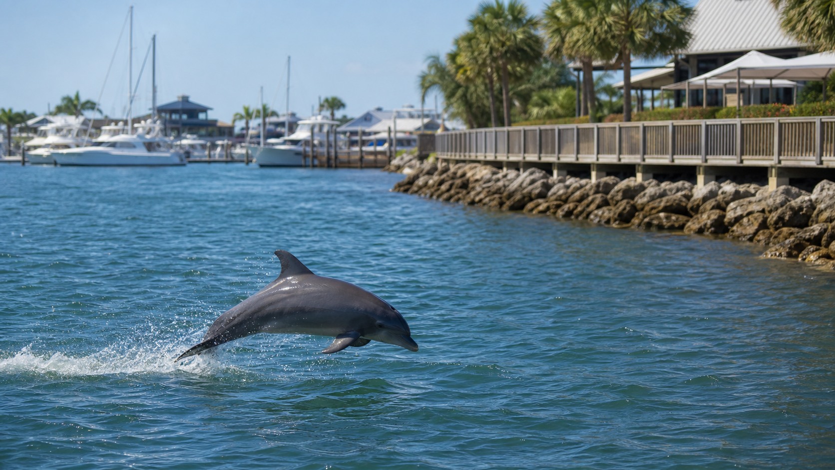 Wild dolphin leaping from the water near the Destin Harbor Boardwalk with marina boats in background