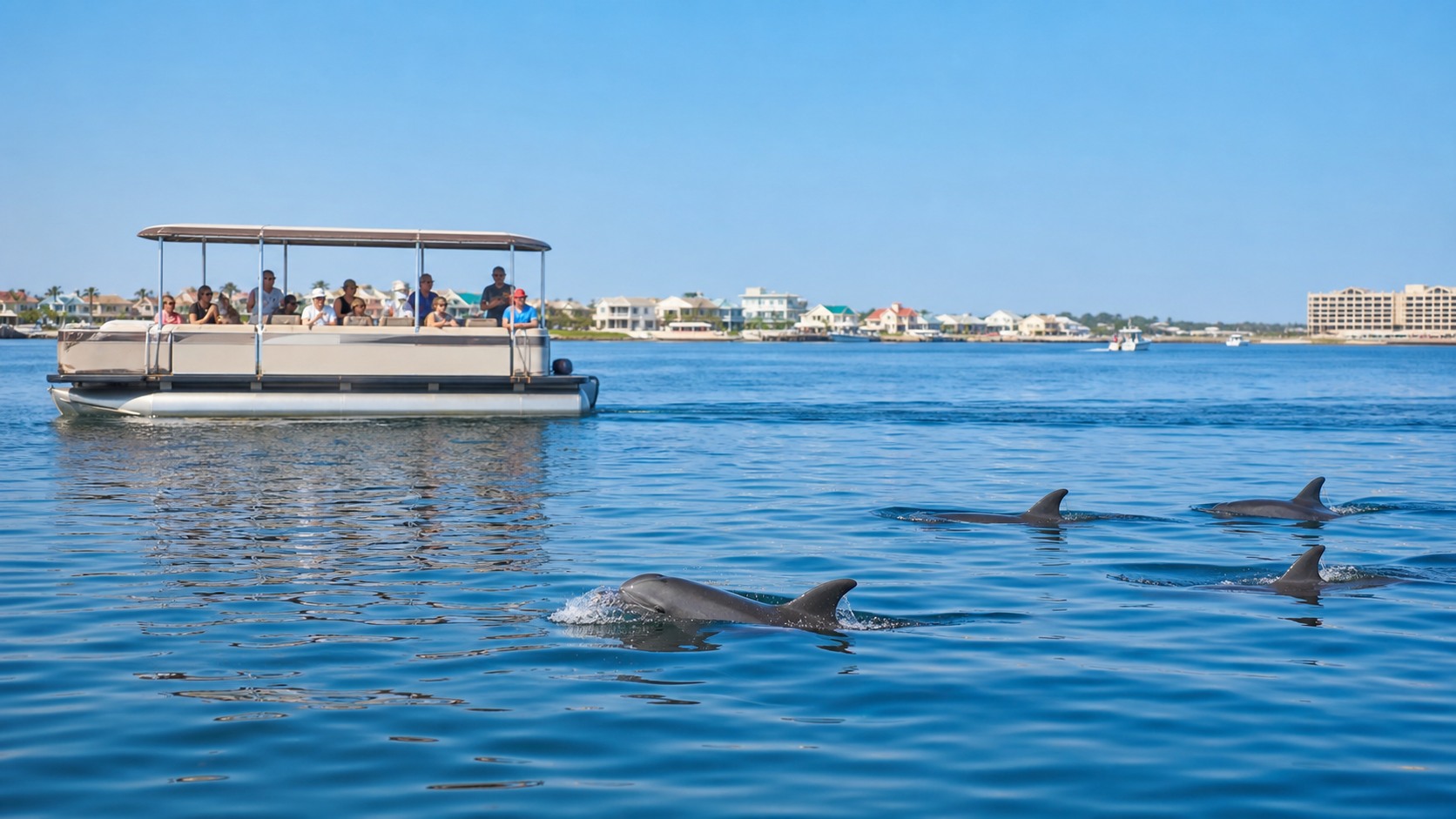 Tourists on a dolphin watching cruise in Destin Harbor with dolphins jumping alongside the boat